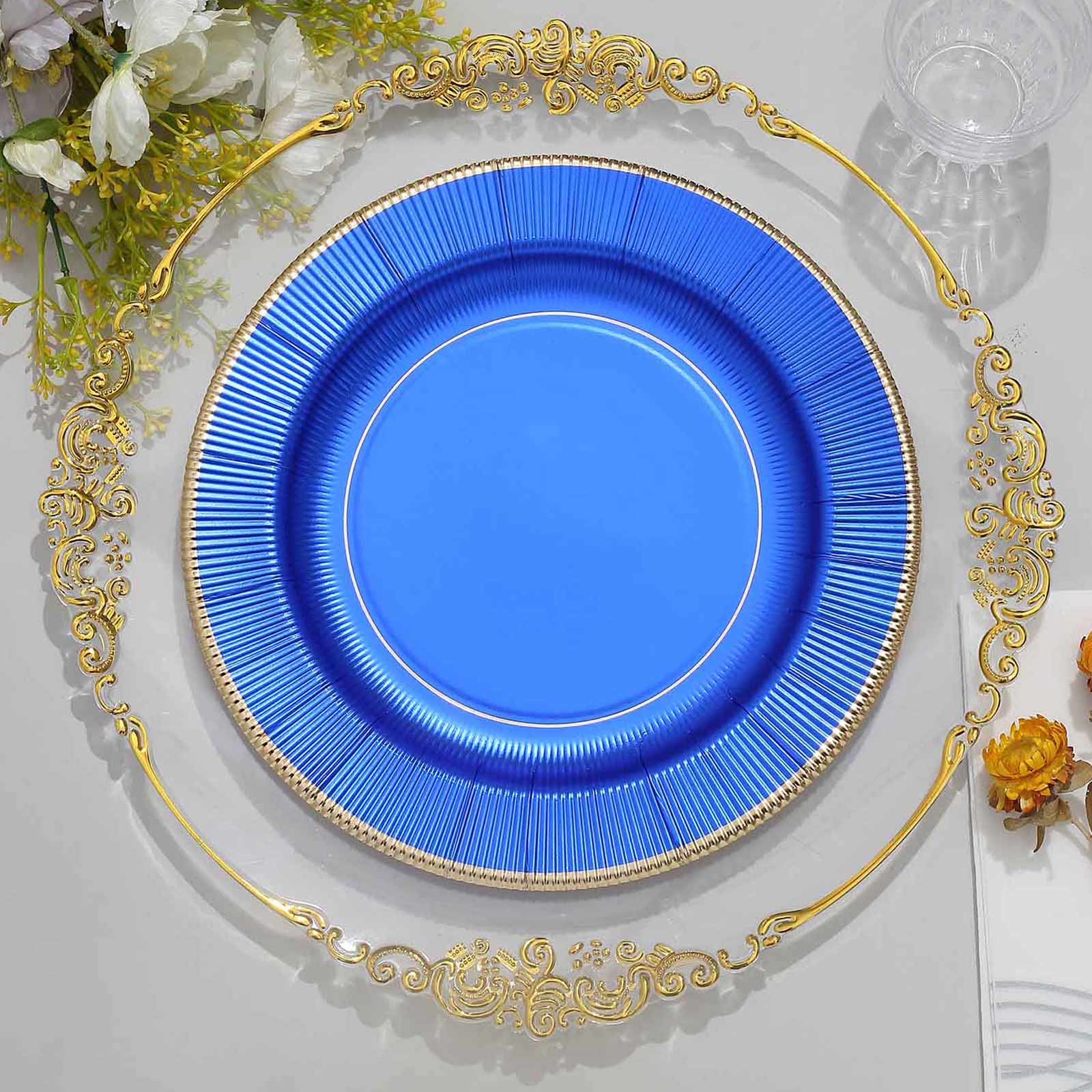 25-Pack Paper Round Dinner Plates 10" Royal Blue Sunray Design with Gold Rim - 350GSM Heavy Duty Disposable Party Plates
