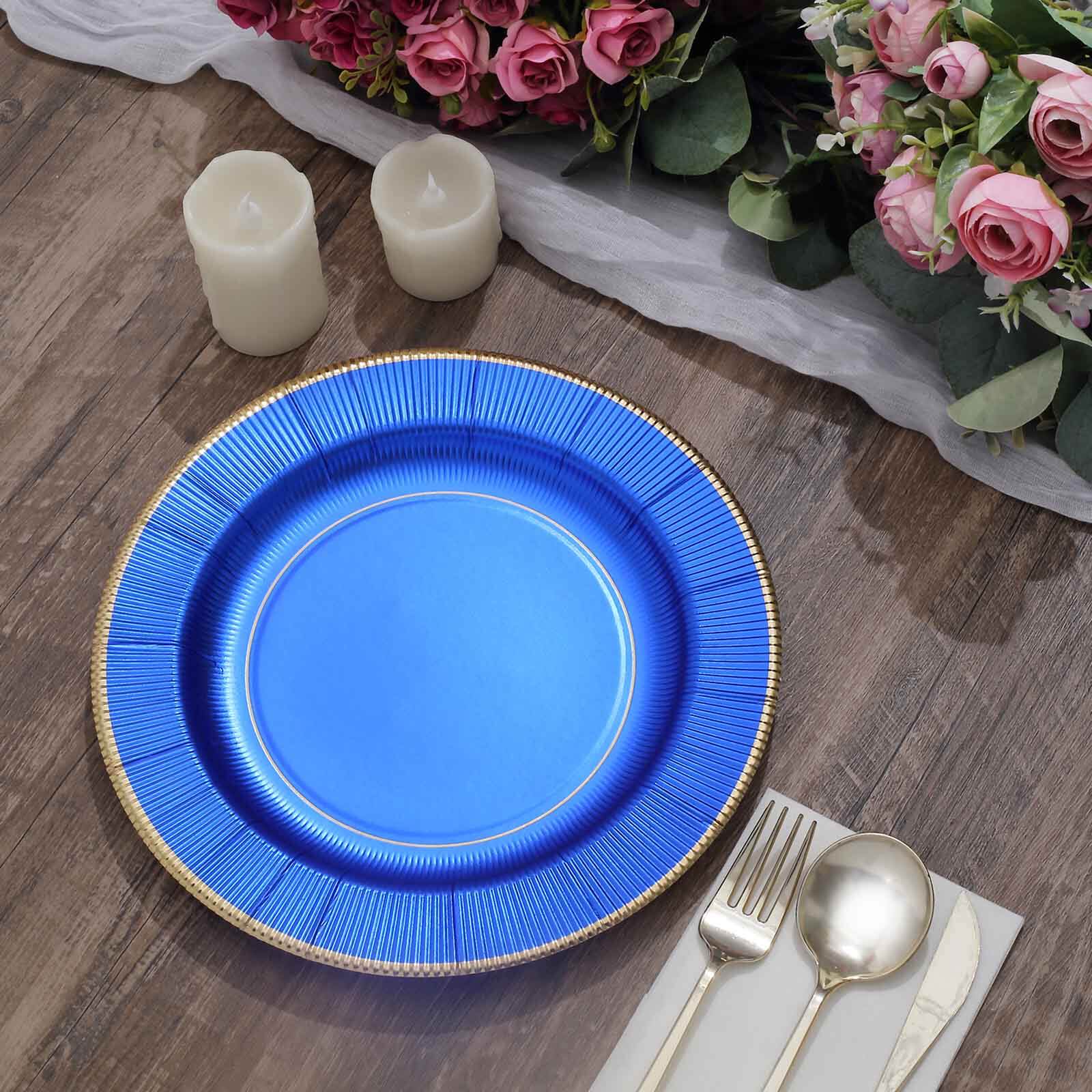 25-Pack Paper Round Dinner Plates 10" Royal Blue Sunray Design with Gold Rim - 350GSM Heavy Duty Disposable Party Plates - Image 10
