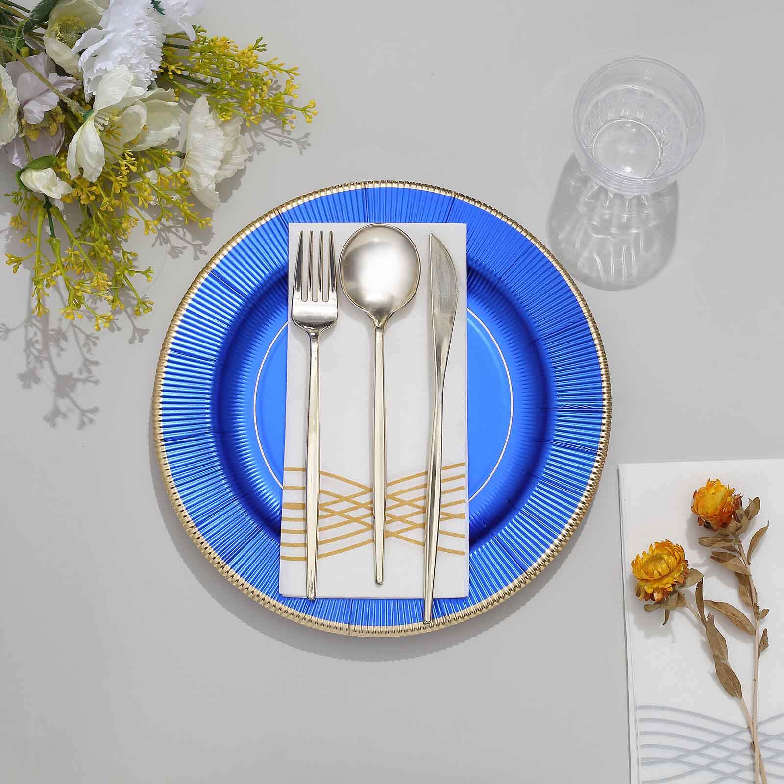 25-Pack Paper Round Dinner Plates 10" Royal Blue Sunray Design with Gold Rim - 350GSM Heavy Duty Disposable Party Plates - Image 11