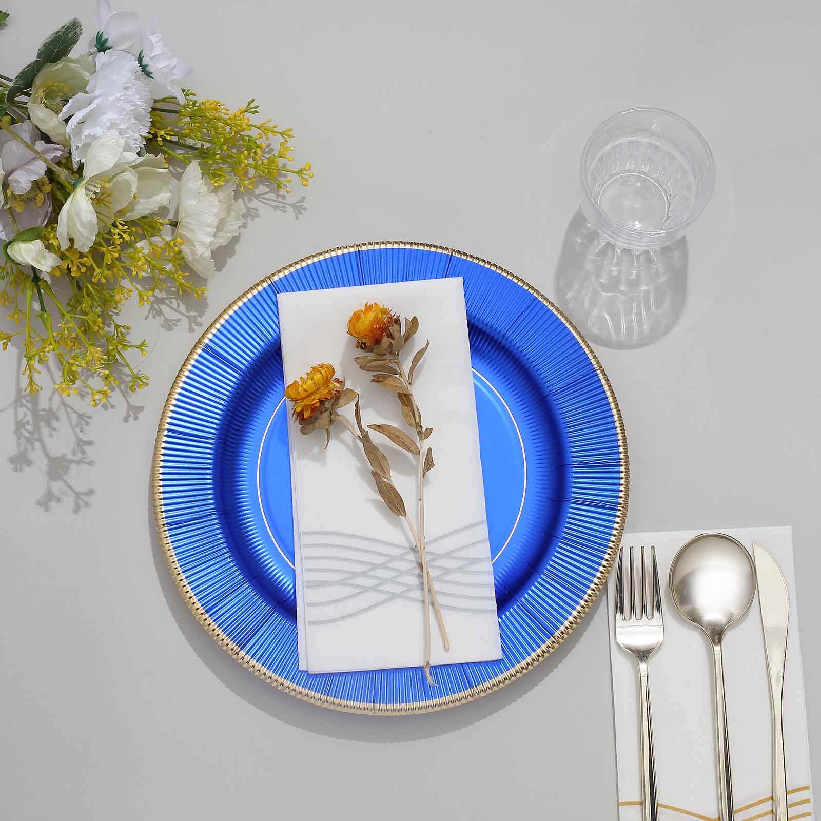 25-Pack Paper Round Dinner Plates 10" Royal Blue Sunray Design with Gold Rim - 350GSM Heavy Duty Disposable Party Plates - Image 12