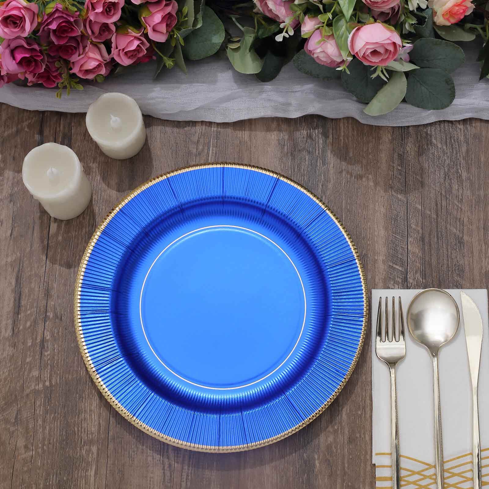 25-Pack Paper Round Dinner Plates 10" Royal Blue Sunray Design with Gold Rim - 350GSM Heavy Duty Disposable Party Plates - Image 13