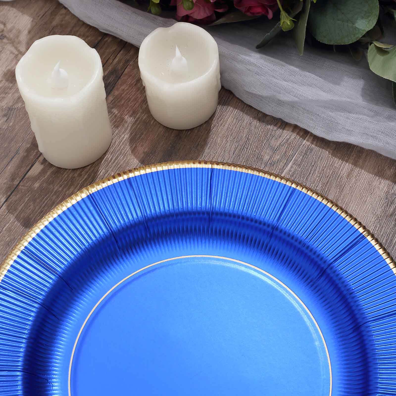 25-Pack Paper Round Dinner Plates 10" Royal Blue Sunray Design with Gold Rim - 350GSM Heavy Duty Disposable Party Plates - Image 14