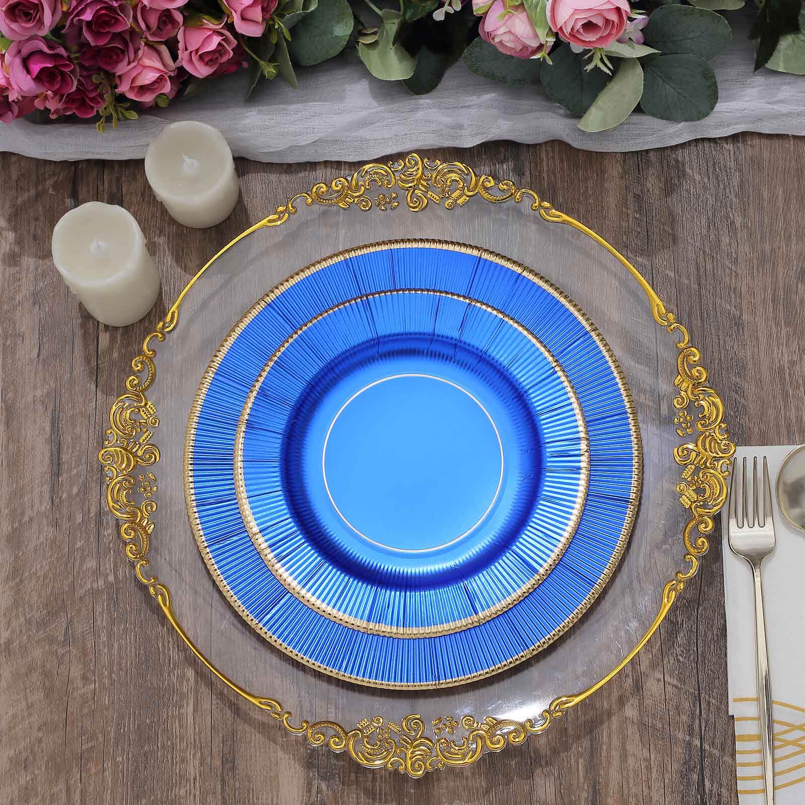 25-Pack Paper Round Dinner Plates 10" Royal Blue Sunray Design with Gold Rim - 350GSM Heavy Duty Disposable Party Plates - Image 2