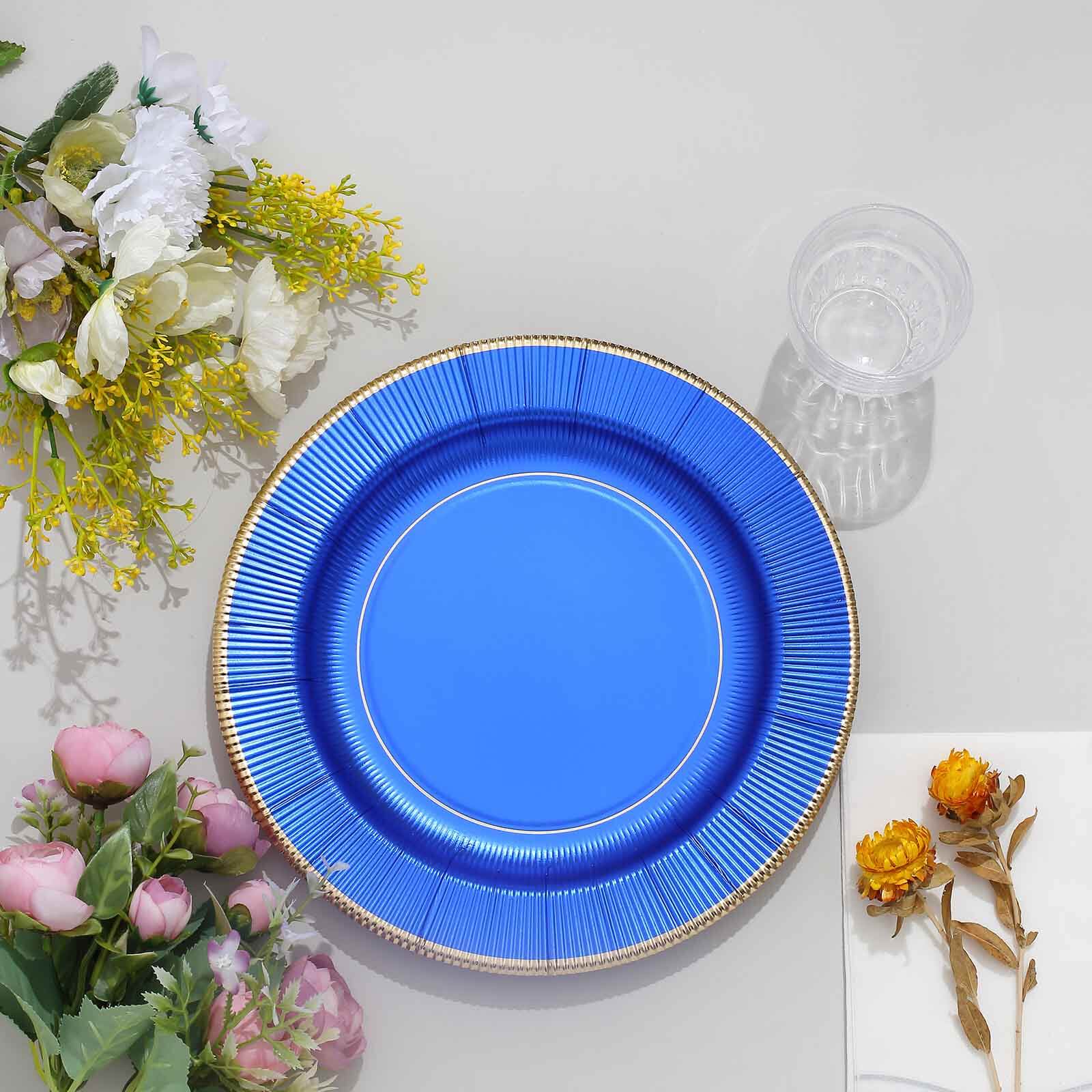 25-Pack Paper Round Dinner Plates 10" Royal Blue Sunray Design with Gold Rim - 350GSM Heavy Duty Disposable Party Plates - Image 8
