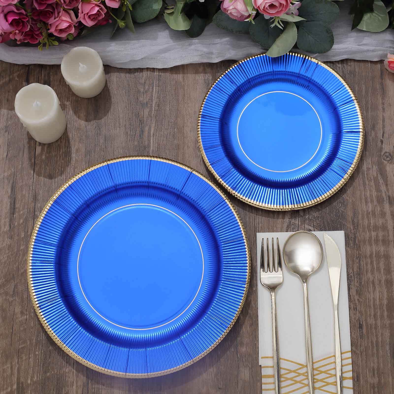 25-Pack Paper Round Dinner Plates 10" Royal Blue Sunray Design with Gold Rim - 350GSM Heavy Duty Disposable Party Plates - Image 9