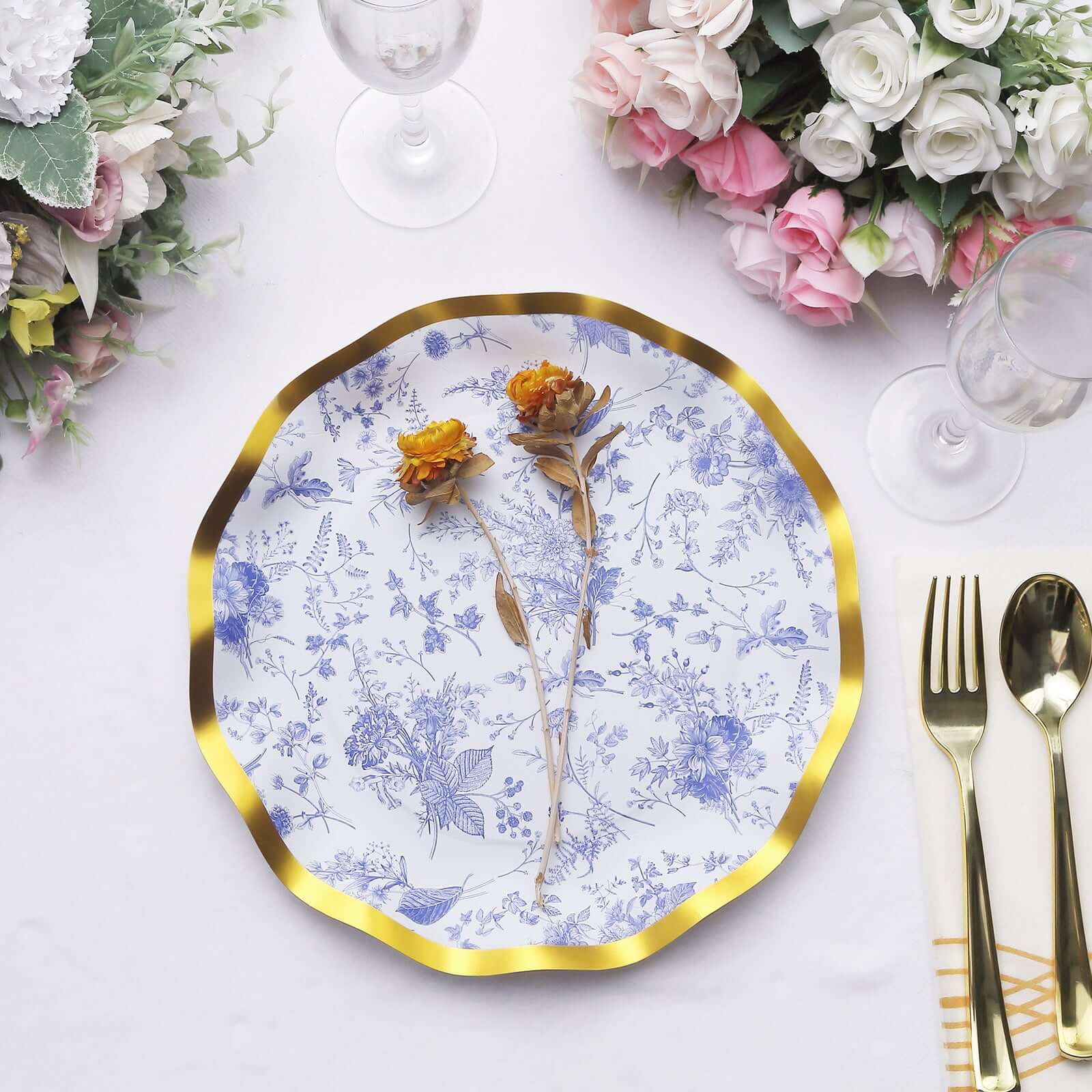 25-Pack Paper Round Dinner Plates 10" White Blue French Toile Floral Pattern with Gold Wavy Rim - 350GSM Disposable Party Plates - Image 10