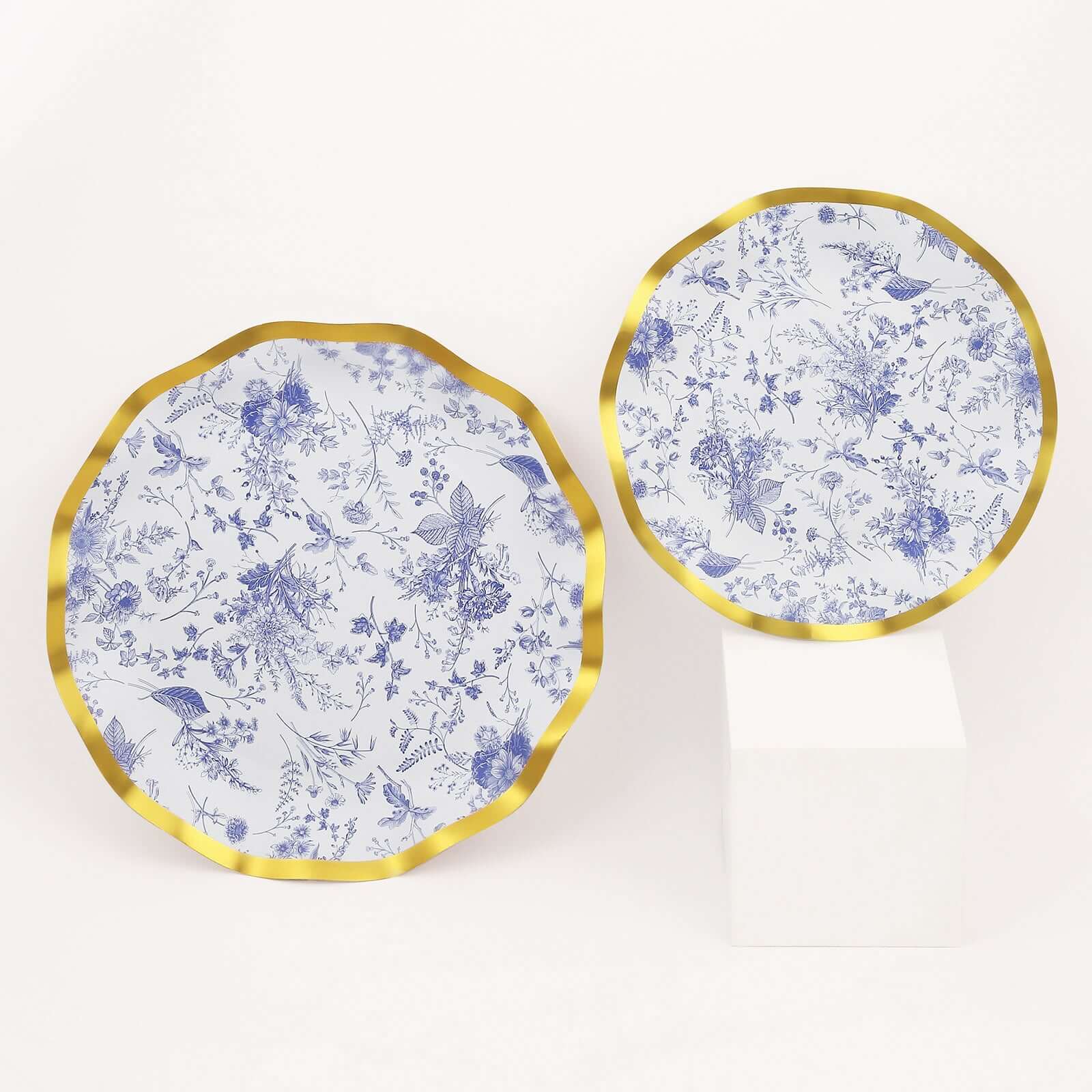 25-Pack Paper Round Dinner Plates 10" White Blue French Toile Floral Pattern with Gold Wavy Rim - 350GSM Disposable Party Plates - Image 11