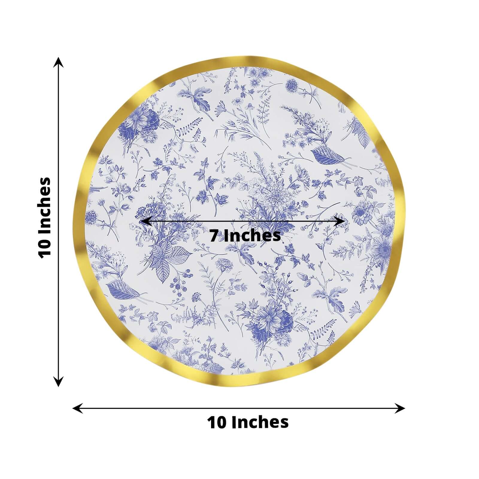 25-Pack Paper Round Dinner Plates 10" White Blue French Toile Floral Pattern with Gold Wavy Rim - 350GSM Disposable Party Plates - Image 3