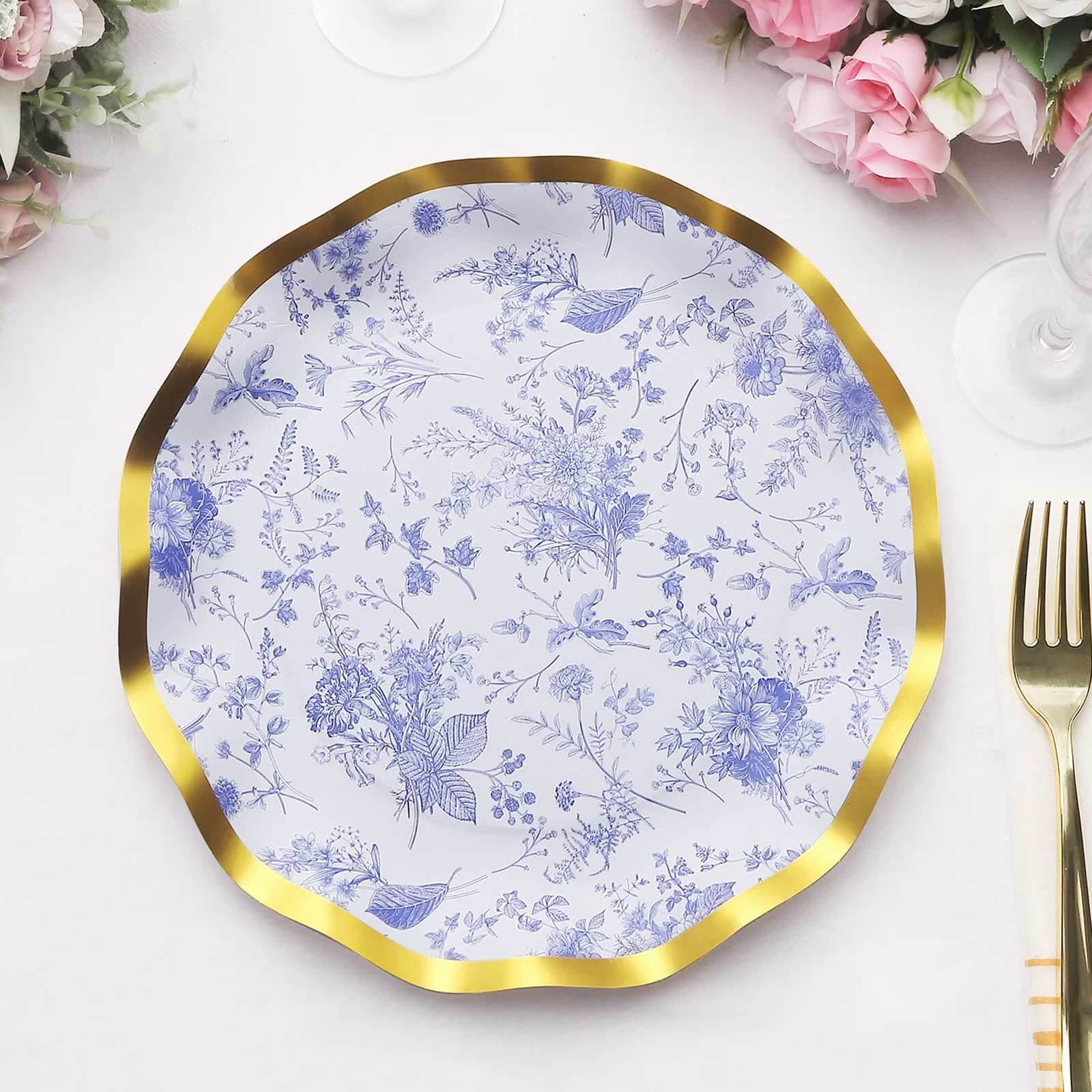 25-Pack Paper Round Dinner Plates 10" White Blue French Toile Floral Pattern with Gold Wavy Rim - 350GSM Disposable Party Plates - Image 6