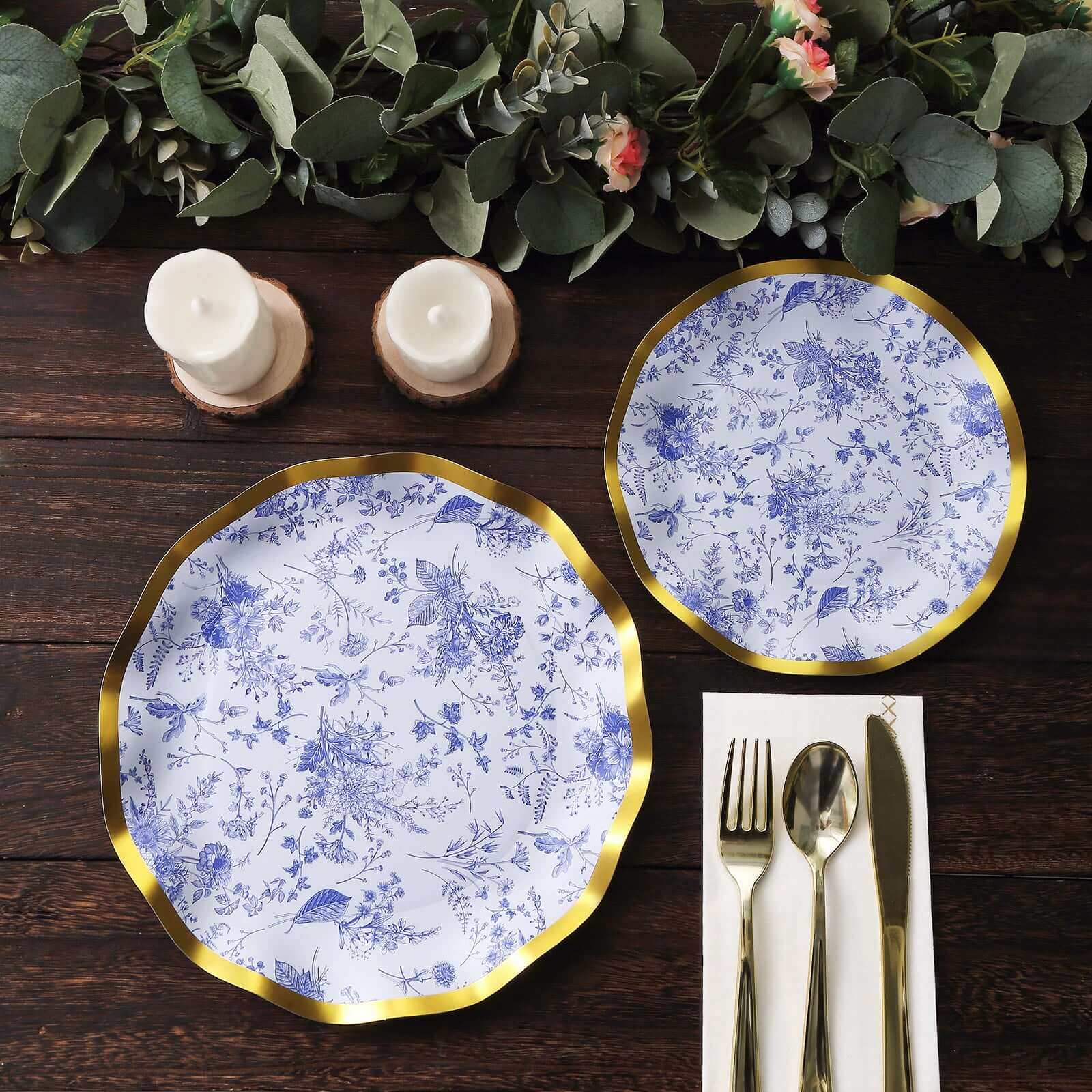 25-Pack Paper Round Dinner Plates 10" White Blue French Toile Floral Pattern with Gold Wavy Rim - 350GSM Disposable Party Plates - Image 8