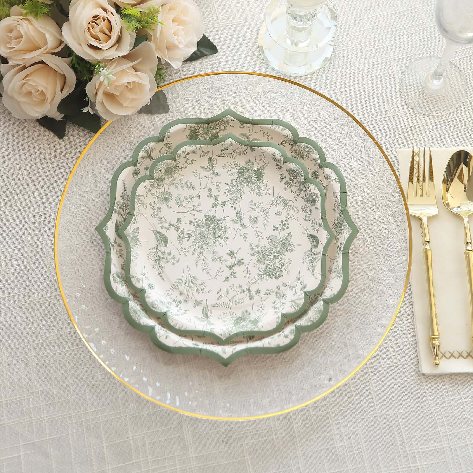 25-Pack Paper Dinner Plates 10" White with Sage Green French Toile Design & Scalloped Rim - 300GSM Disposable Party Plates - Image 2