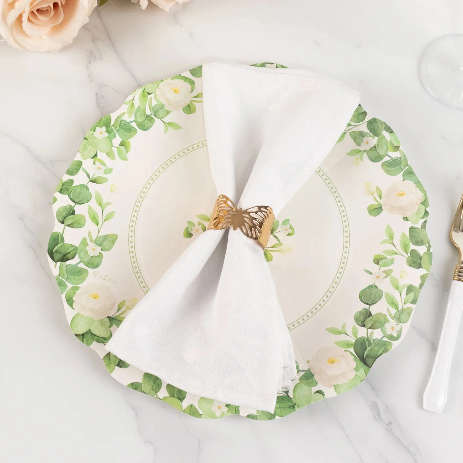 25-Pack Paper Round Dinner Plates 11" White with Floral Greenery & Scalloped Edges - Disposable Party Plates for Rustic Weddings & Garden Brunches - Image 4
