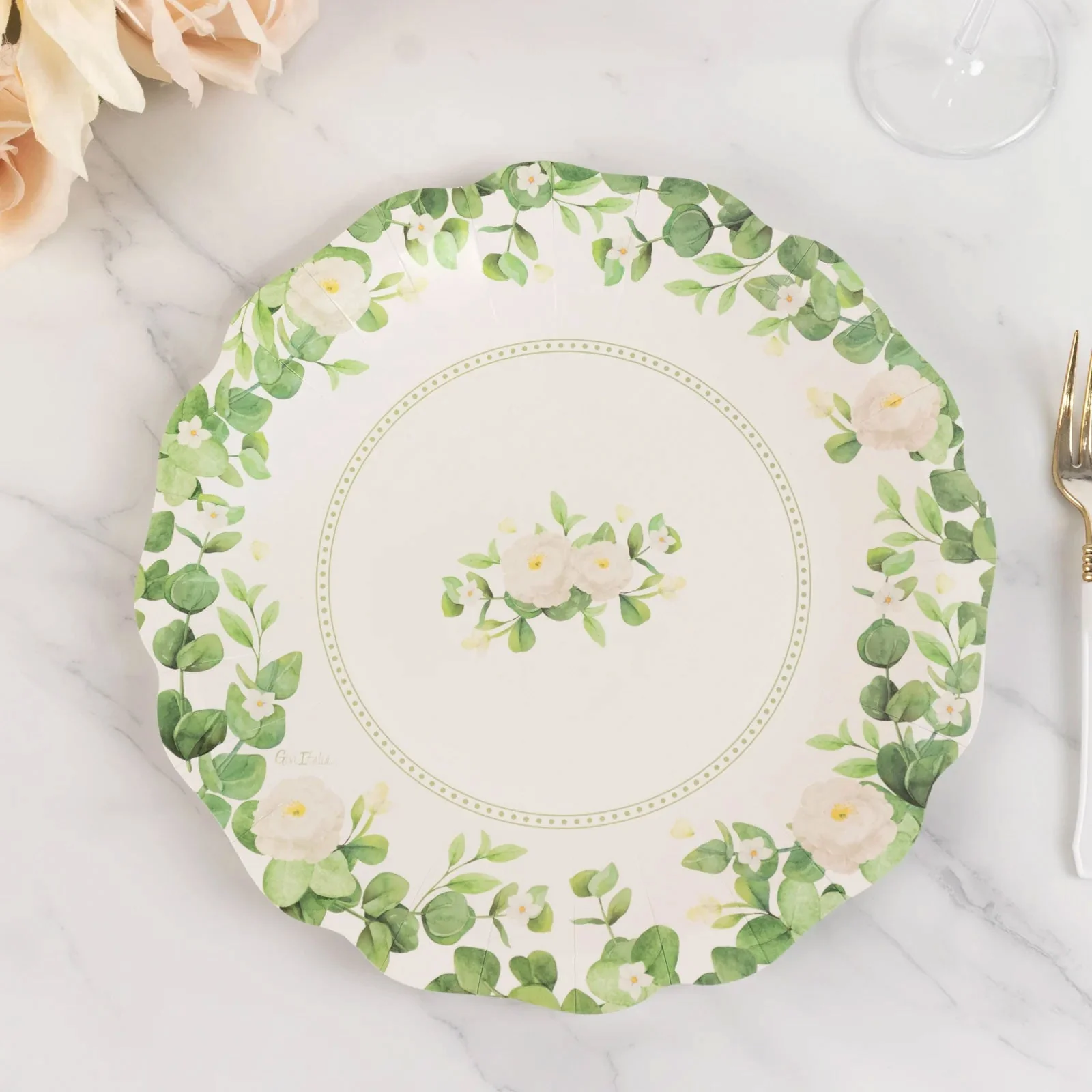 25-Pack Paper Round Dinner Plates 11" White with Floral Greenery & Scalloped Edges - Disposable Party Plates for Rustic Weddings & Garden Brunches - Image 5