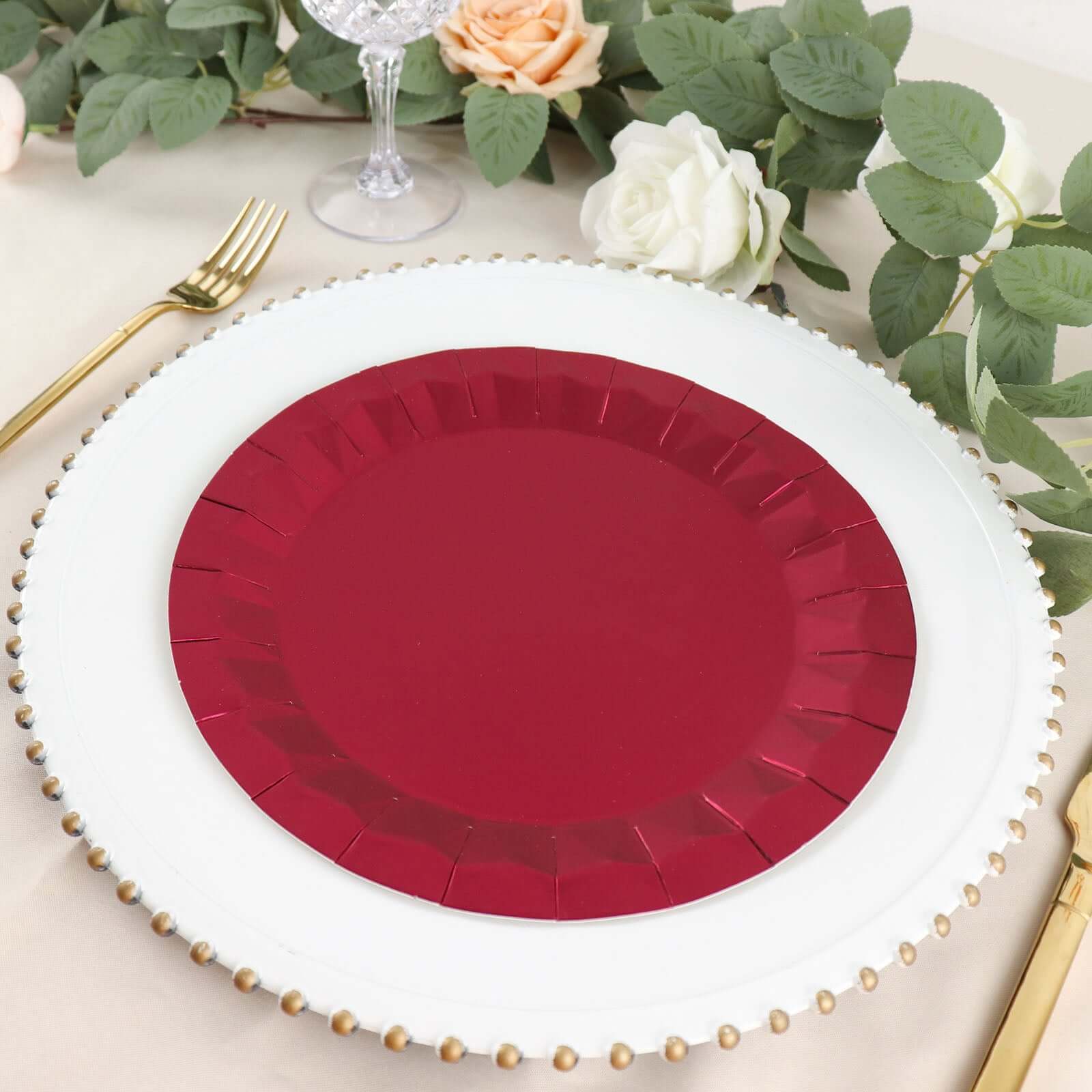 25-Pack Paper Round Dinner Plates 9" Burgundy with Geometric Prism Rim - 400GSM Disposable Party Plates - Image 9