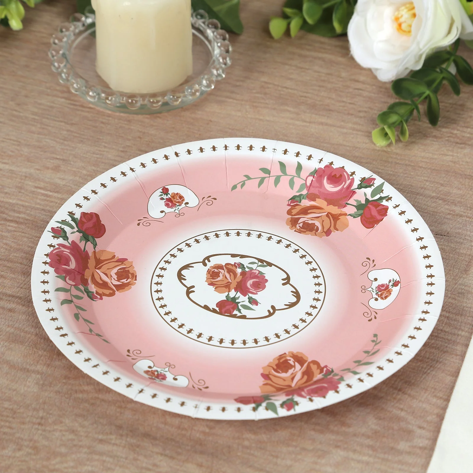 25-Pack Paper Round Dinner Plates 9" Dusty Rose with Vintage Rose Flower Print - Disposable Plates for Bridal Showers & Garden Luncheons - Image 3