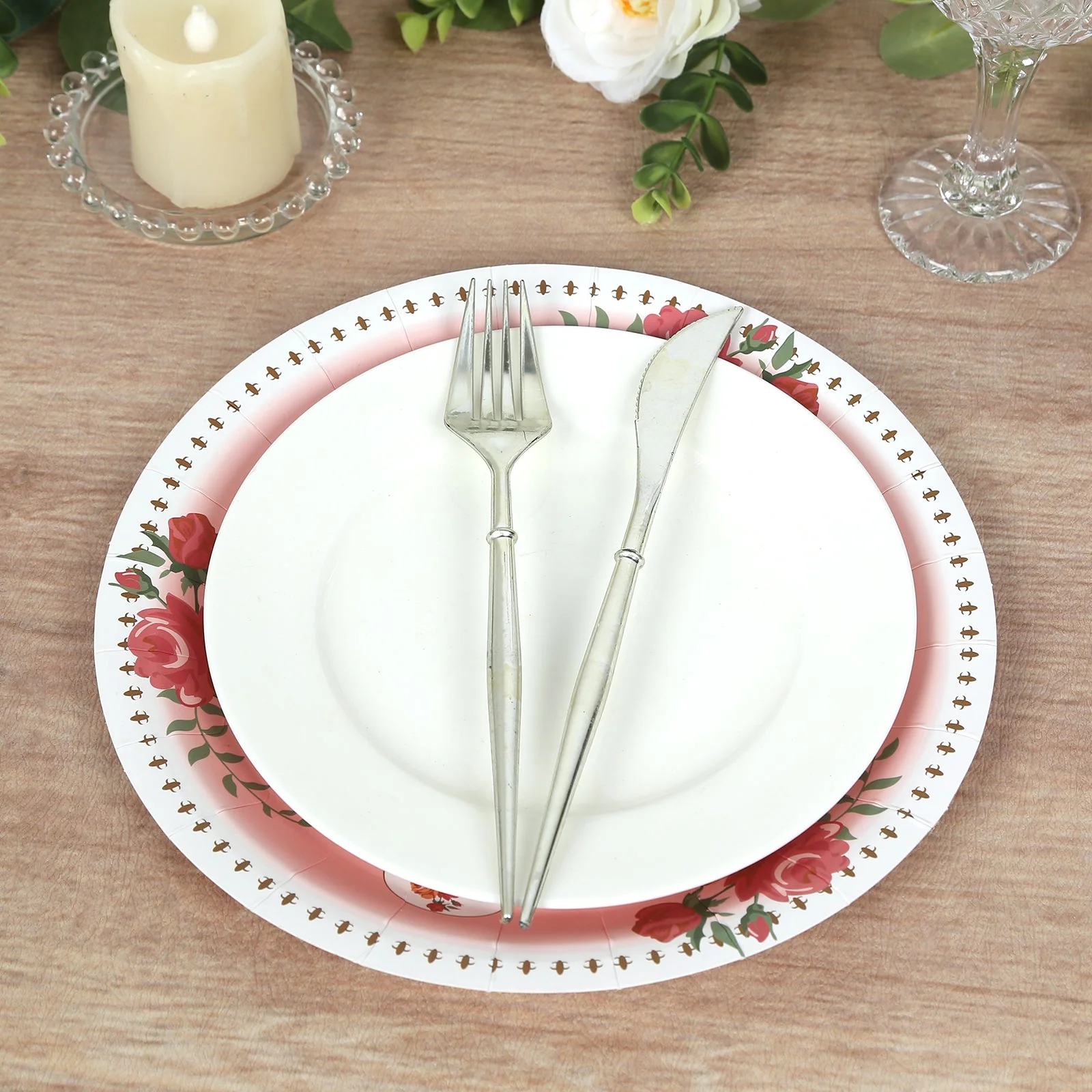 25-Pack Paper Round Dinner Plates 9" Dusty Rose with Vintage Rose Flower Print - Disposable Plates for Bridal Showers & Garden Luncheons - Image 8