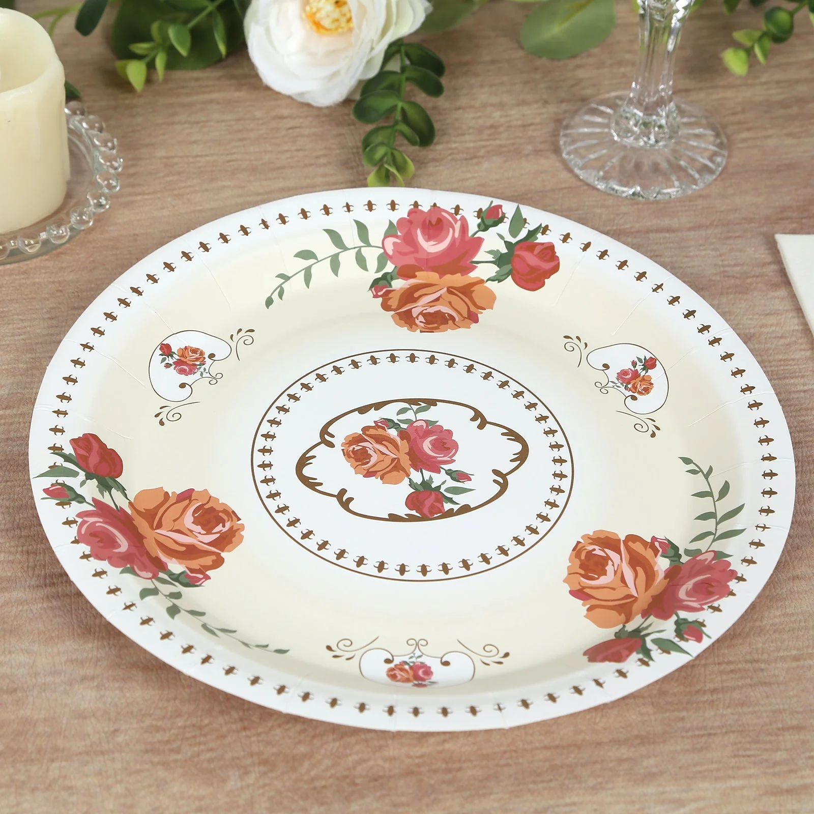 25-Pack Paper Round Dinner Plates 9" Ivory with Vintage Rose Flower Print - Disposable Plates for Bridal Showers & Garden Luncheons - Image 3