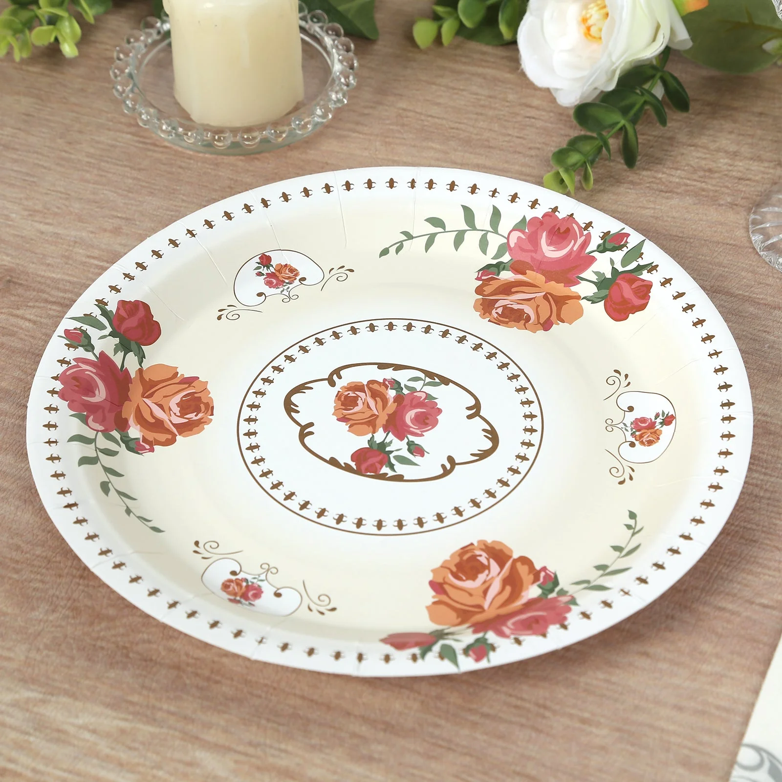 25-Pack Paper Round Dinner Plates 9" Ivory with Vintage Rose Flower Print - Disposable Plates for Bridal Showers & Garden Luncheons - Image 4