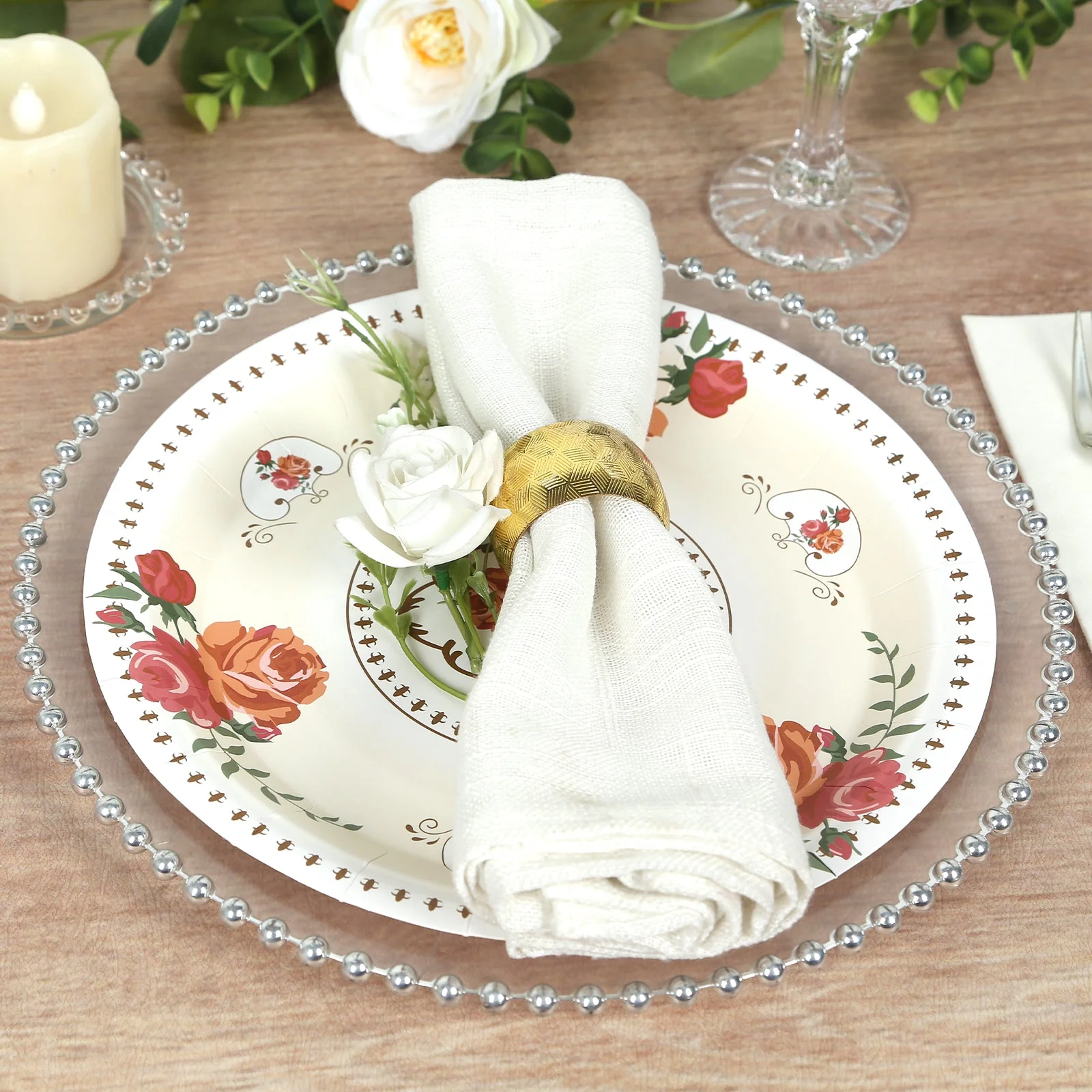25-Pack Paper Round Dinner Plates 9" Ivory with Vintage Rose Flower Print - Disposable Plates for Bridal Showers & Garden Luncheons - Image 9