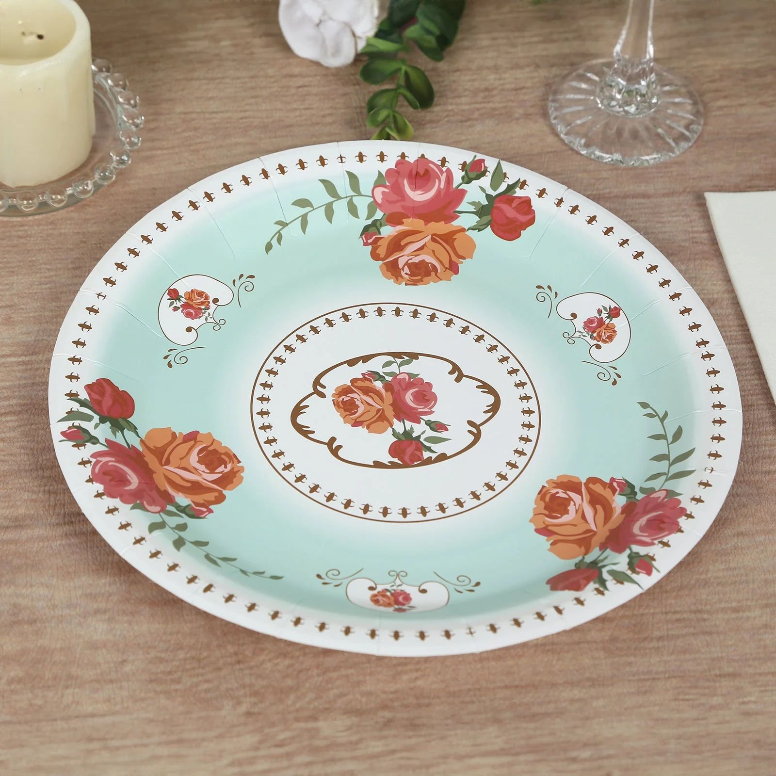 25-Pack Paper Round Dinner Plates 9" Light Turquoise with Vintage Rose Flower Print - Disposable Plates for Bridal Showers & Garden Luncheons - Image 3