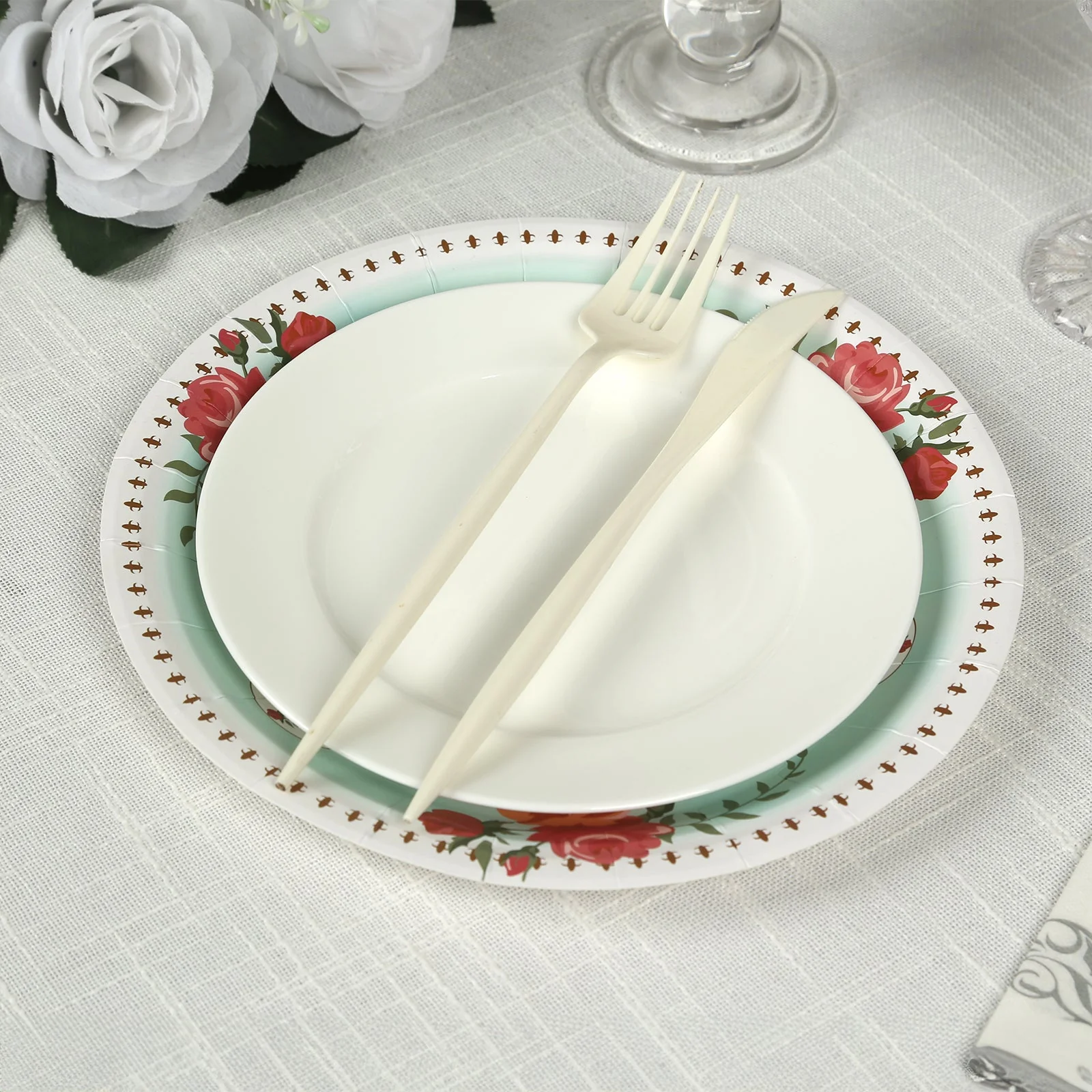 25-Pack Paper Round Dinner Plates 9" Light Turquoise with Vintage Rose Flower Print - Disposable Plates for Bridal Showers & Garden Luncheons - Image 4