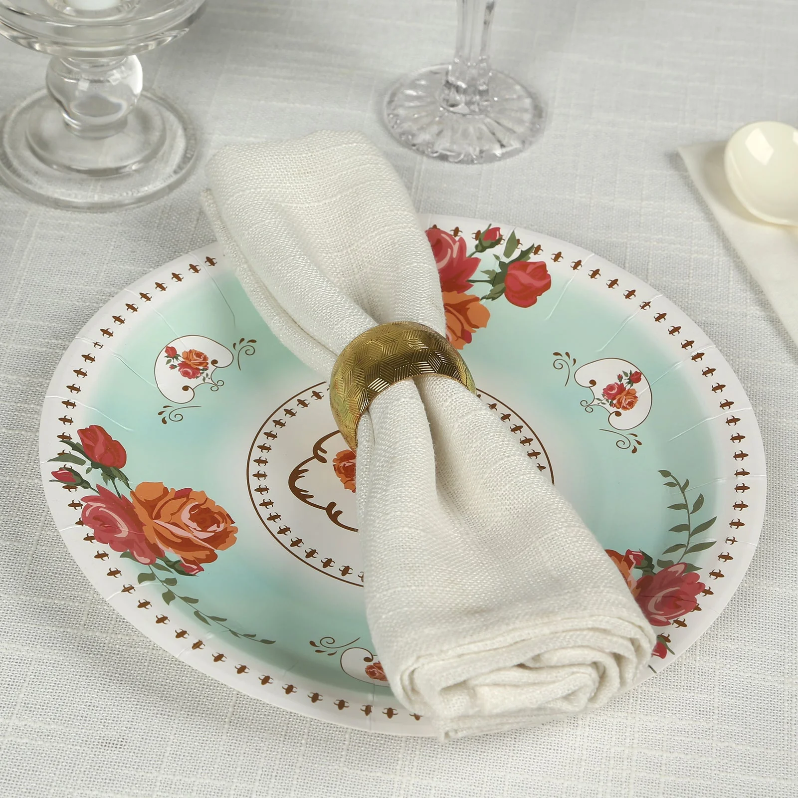 25-Pack Paper Round Dinner Plates 9" Light Turquoise with Vintage Rose Flower Print - Disposable Plates for Bridal Showers & Garden Luncheons - Image 5
