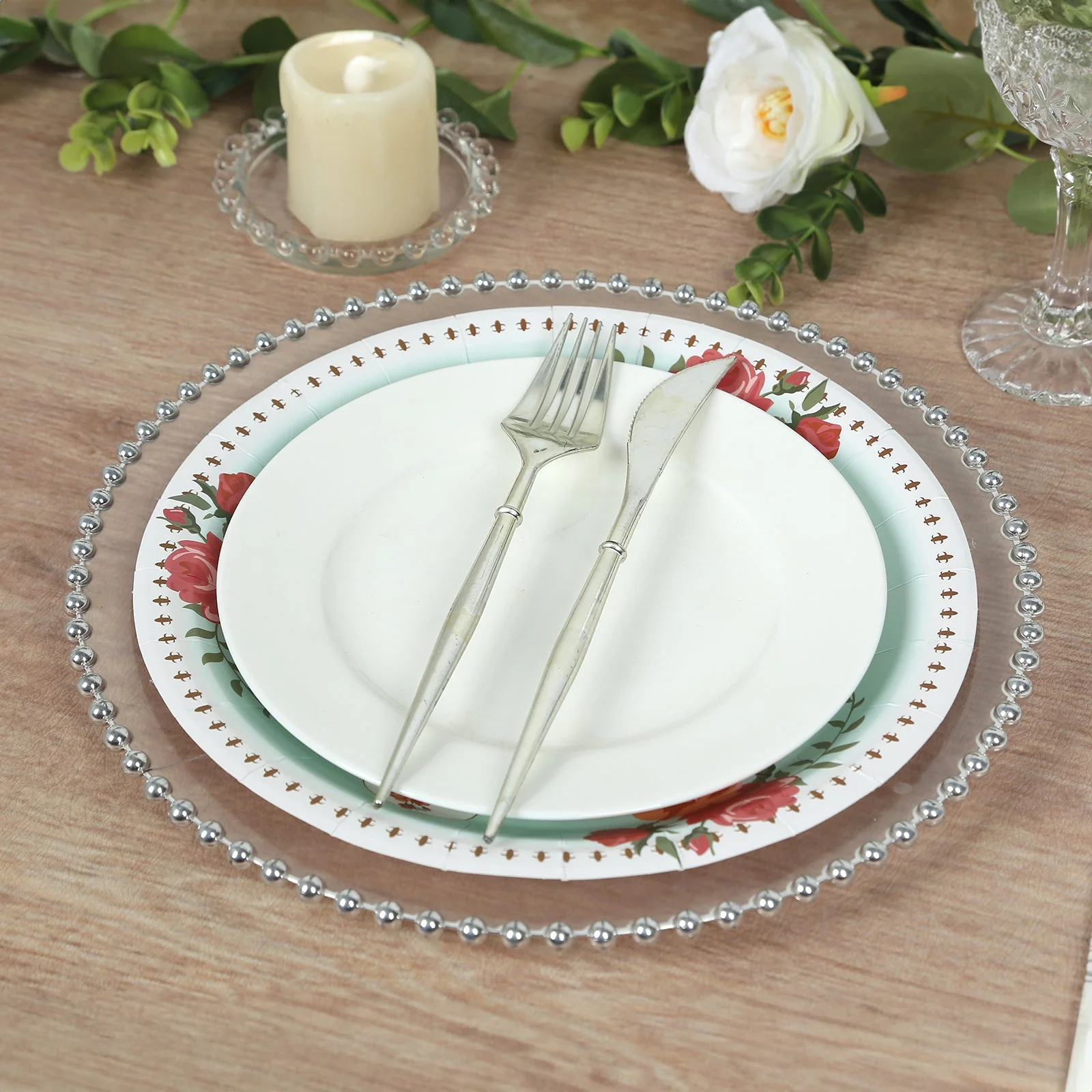 25-Pack Paper Round Dinner Plates 9" Light Turquoise with Vintage Rose Flower Print - Disposable Plates for Bridal Showers & Garden Luncheons - Image 7