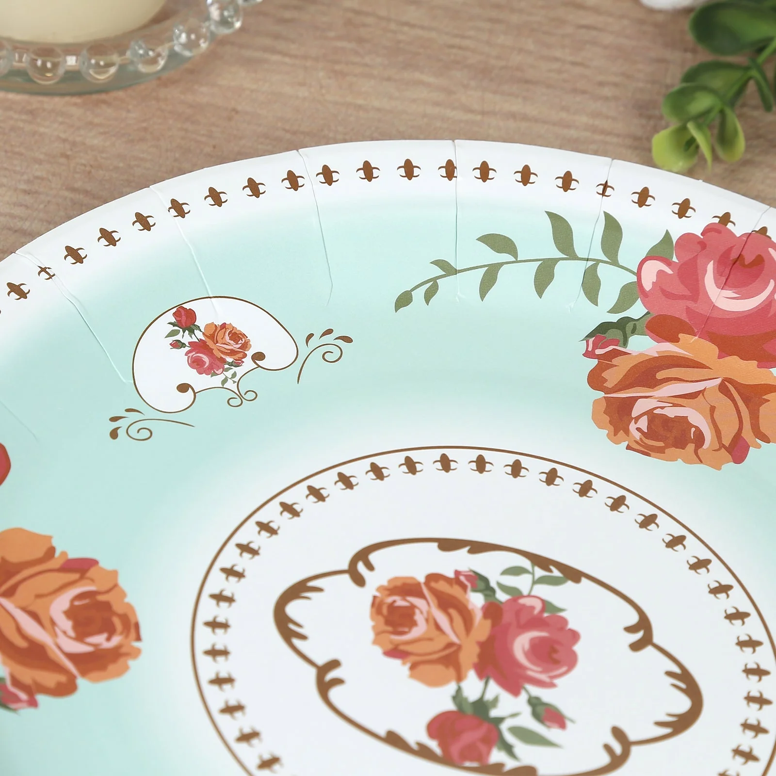 25-Pack Paper Round Dinner Plates 9" Light Turquoise with Vintage Rose Flower Print - Disposable Plates for Bridal Showers & Garden Luncheons - Image 9