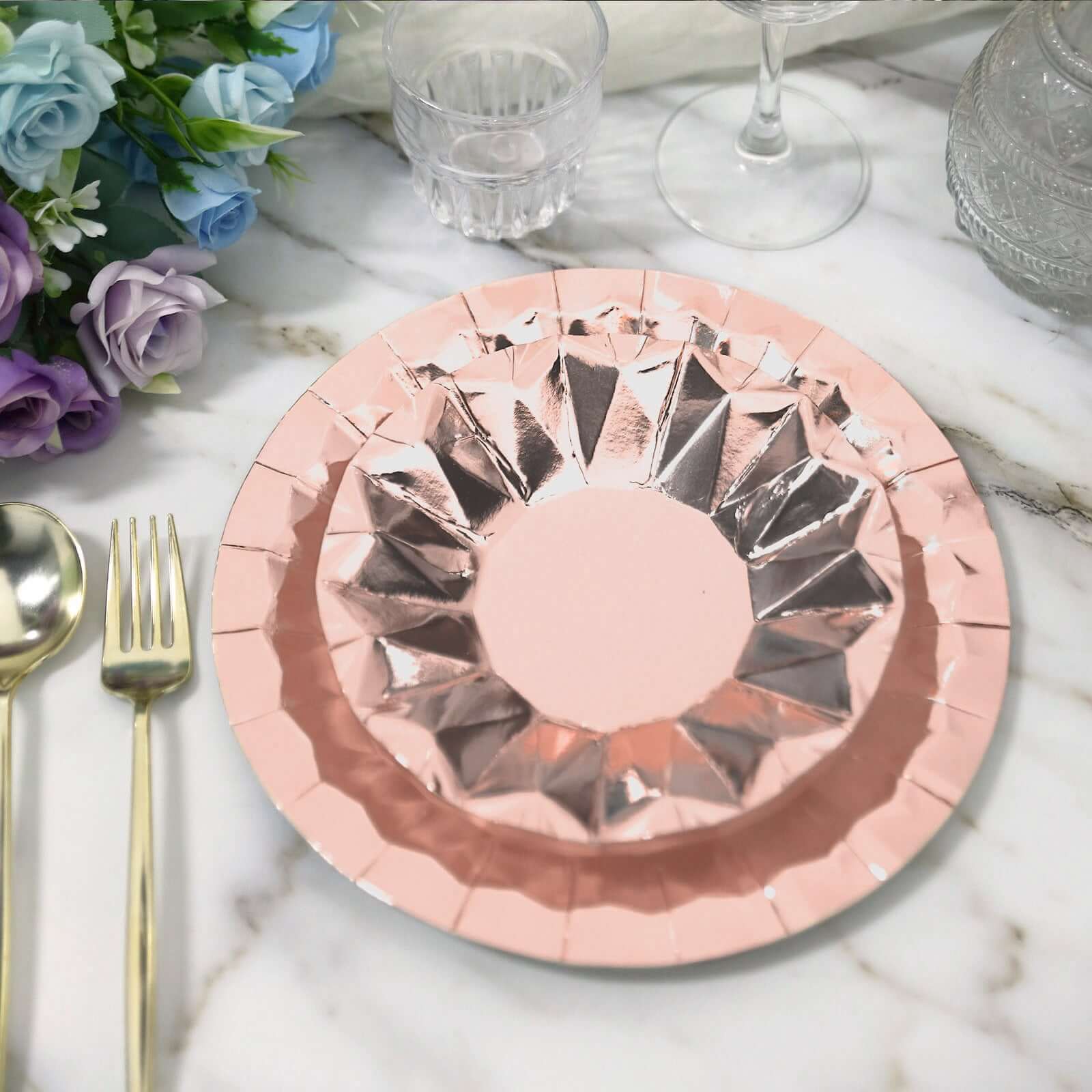 25-Pack Paper Round Dinner Plates 9" Metallic Rose Gold with Geometric Prism Rim - 400GSM Disposable Party Plates - Image 10