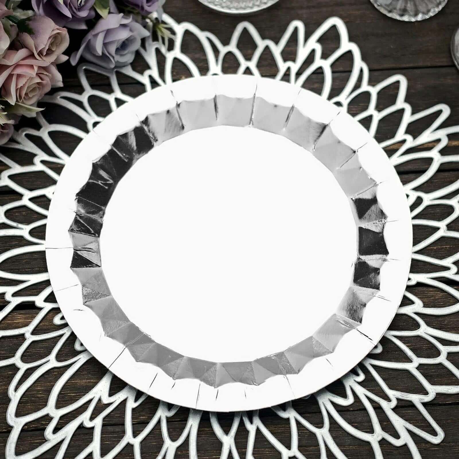 25-Pack Paper Round Dinner Plates 9" Metallic Silver with Geometric Prism Rim - 400GSM Disposable Party Plates - Image 6