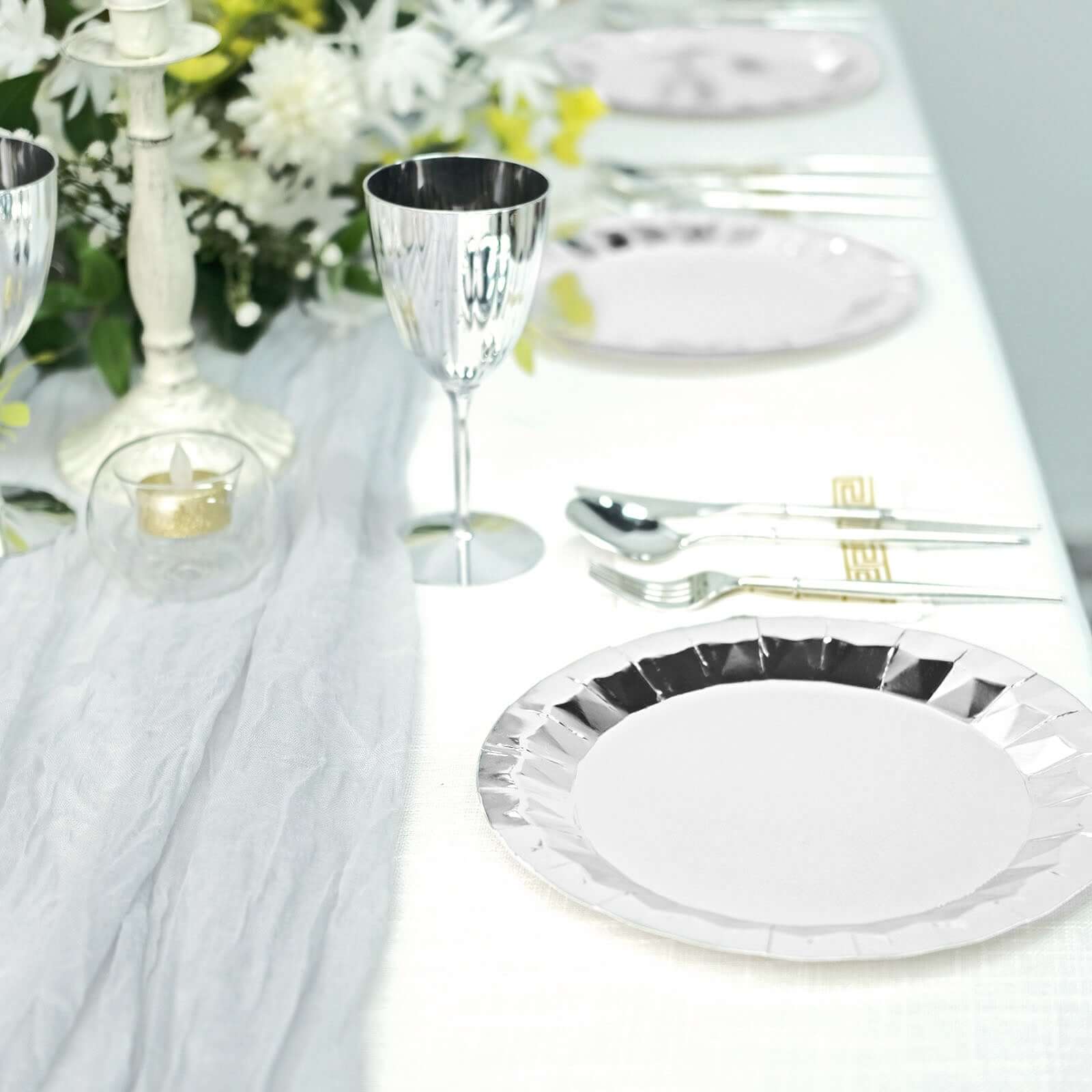 25-Pack Paper Round Dinner Plates 9" Metallic Silver with Geometric Prism Rim - 400GSM Disposable Party Plates - Image 8