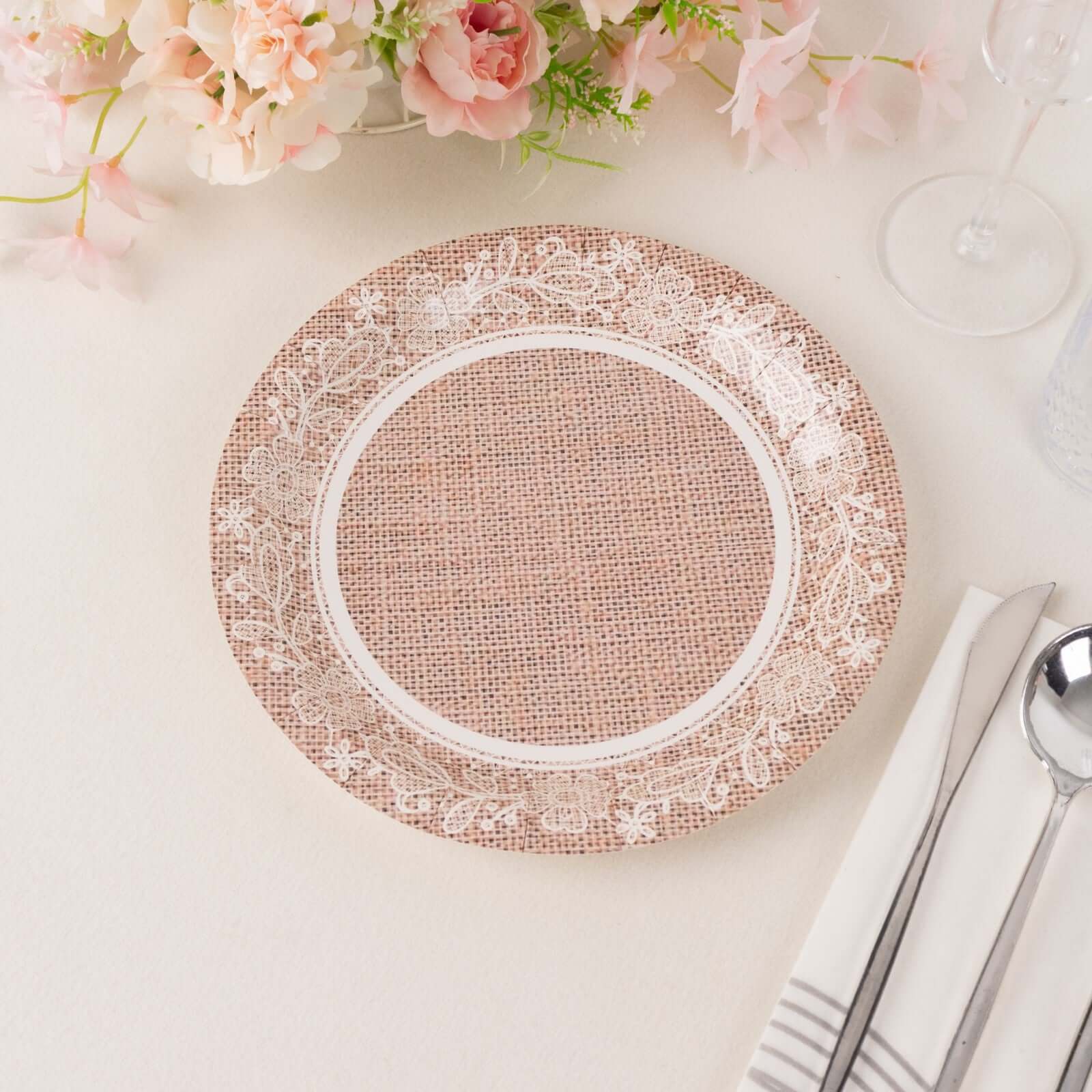 25-Pack Paper Round Dinner Plates 9" Natural Burlap Print with White Floral Lace Rim - Rustic Farmhouse Style Disposable Party Plates - Image 6