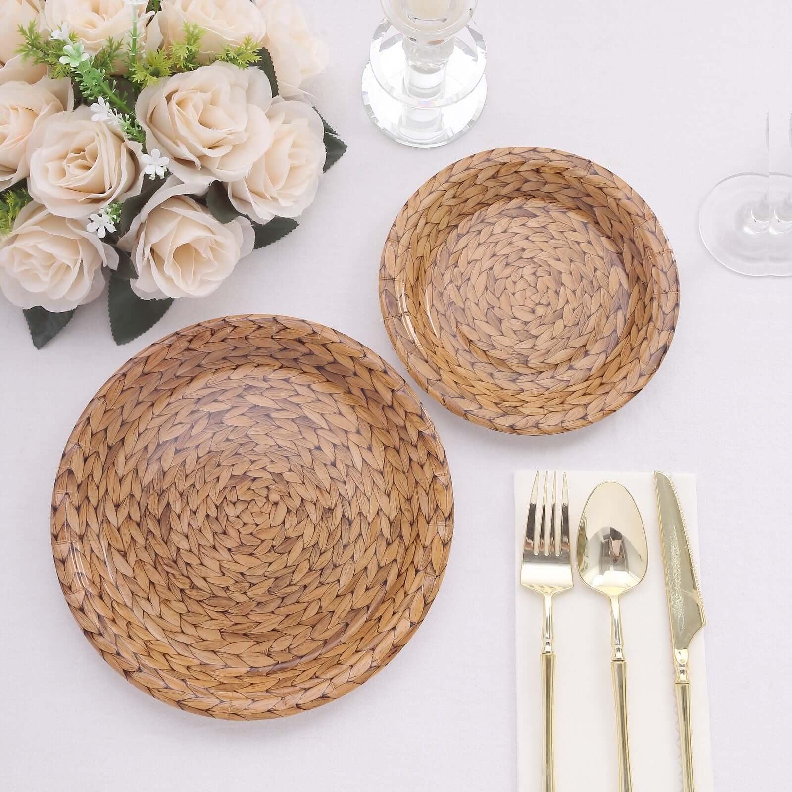 25-Pack Paper Round Dinner Plates 9" Natural with Woven Rattan Print - 300GSM Rustic Farmhouse Disposable Party Plates for Boho Brunches & Outdoor Gatherings