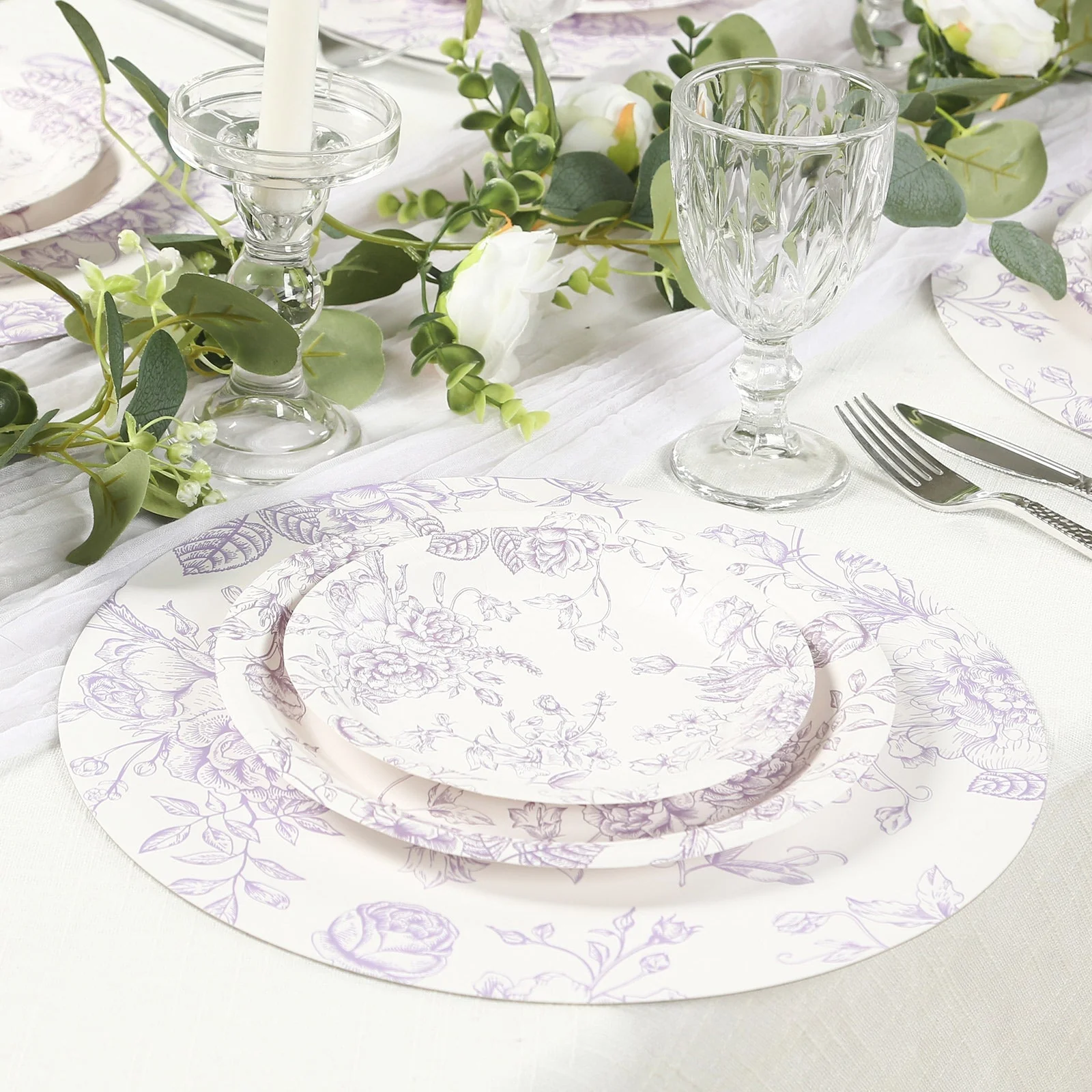 25-Pack Paper Round Dinner Plates 9" White with Lavender Lilac French Toile Pattern - Disposable Floral Party Plates for Chic Events - Image 5