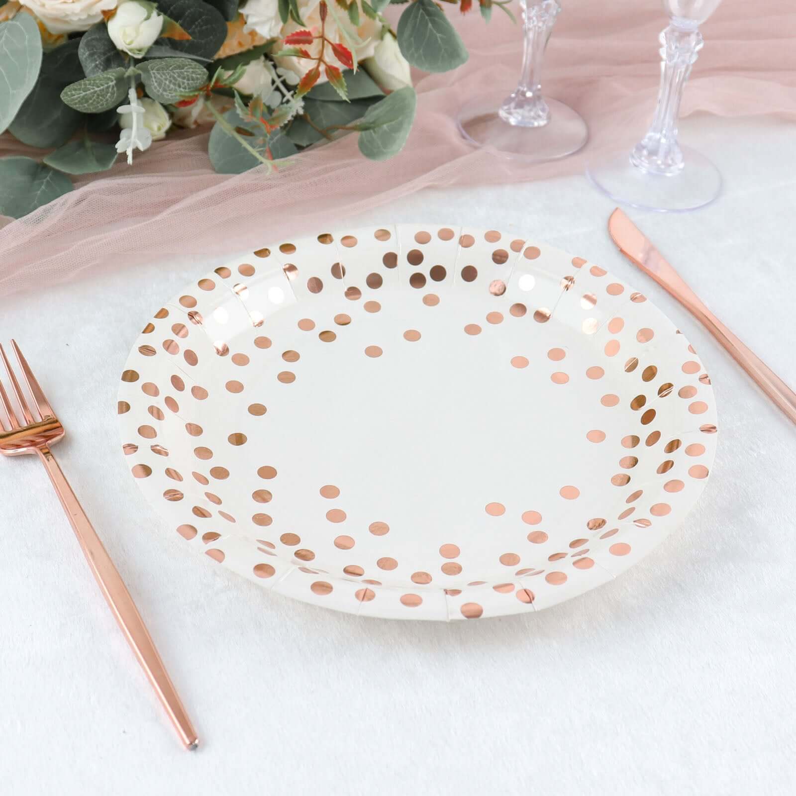 25-Pack Paper Round Dinner Plates 9" White with Metallic Rose Gold Polka Dots - 300GSM Disposable Party Plates for Cocktail Events & Receptions - Image 10