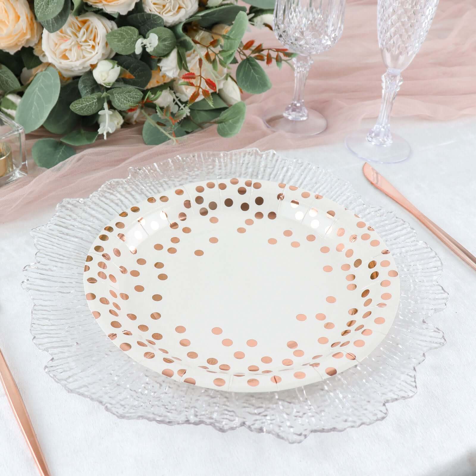 25-Pack Paper Round Dinner Plates 9" White with Metallic Rose Gold Polka Dots - 300GSM Disposable Party Plates for Cocktail Events & Receptions - Image 11