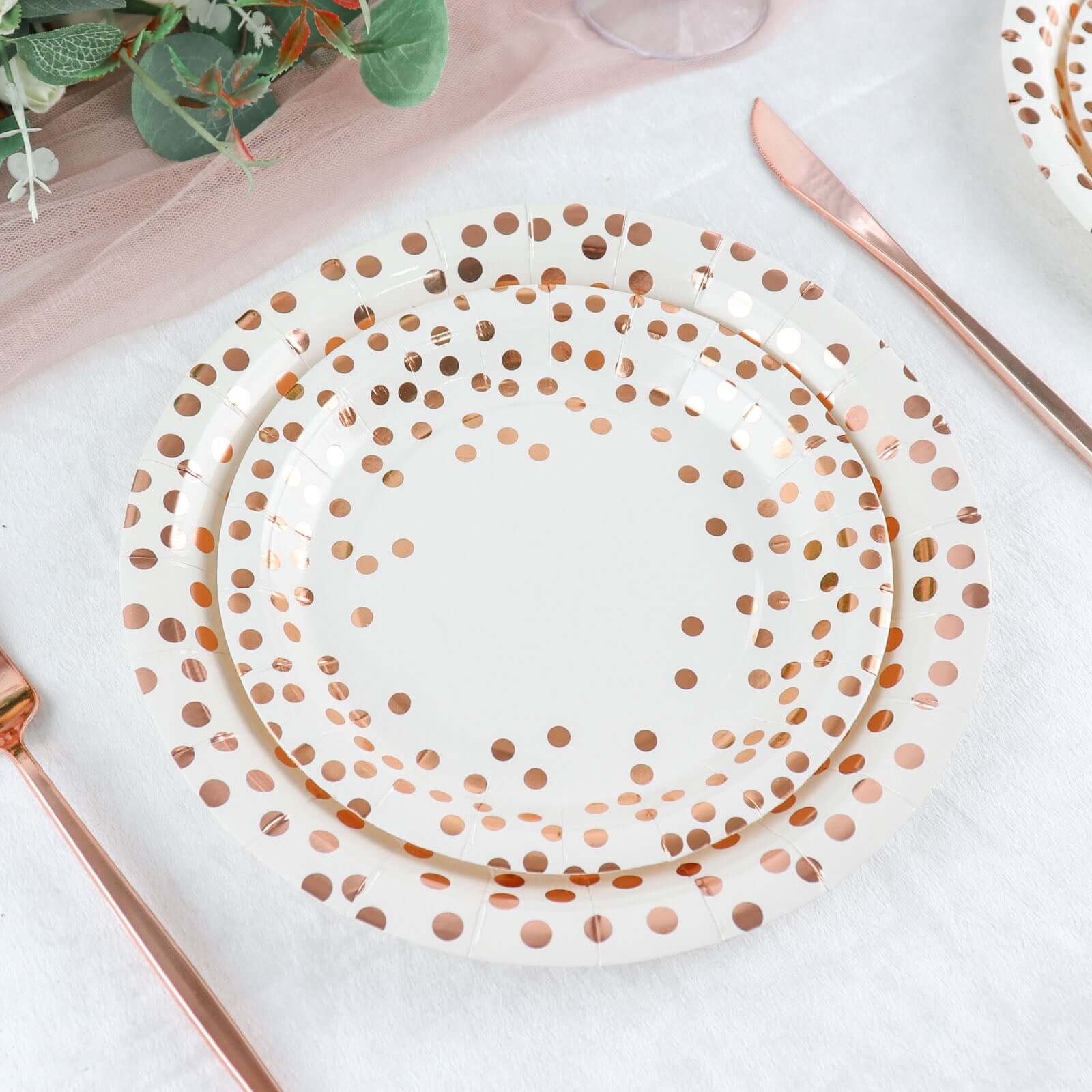 25-Pack Paper Round Dinner Plates 9" White with Metallic Rose Gold Polka Dots - 300GSM Disposable Party Plates for Cocktail Events & Receptions - Image 12
