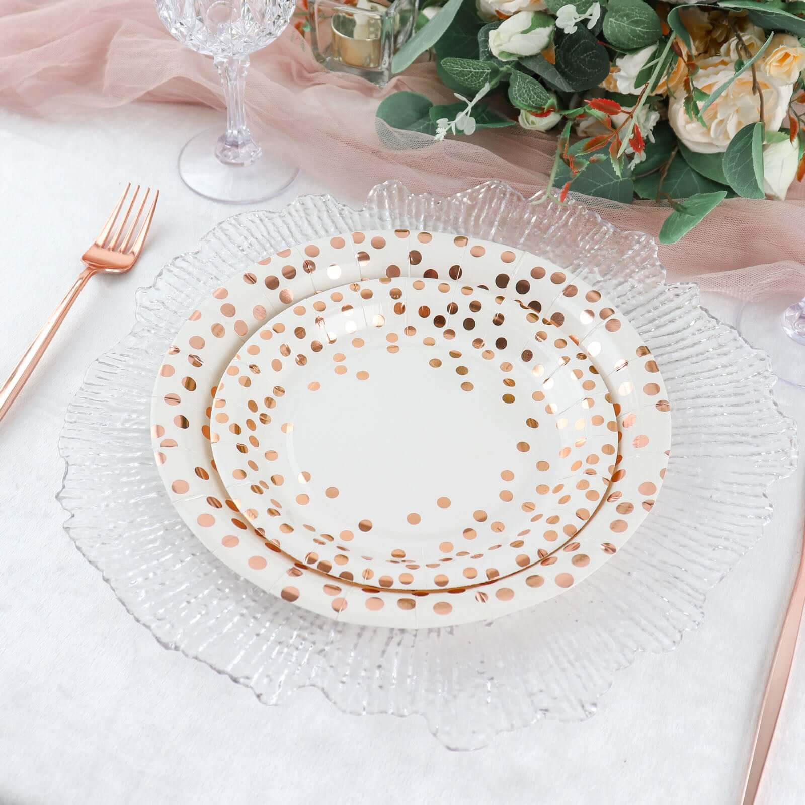 25-Pack Paper Round Dinner Plates 9" White with Metallic Rose Gold Polka Dots - 300GSM Disposable Party Plates for Cocktail Events & Receptions - Image 14
