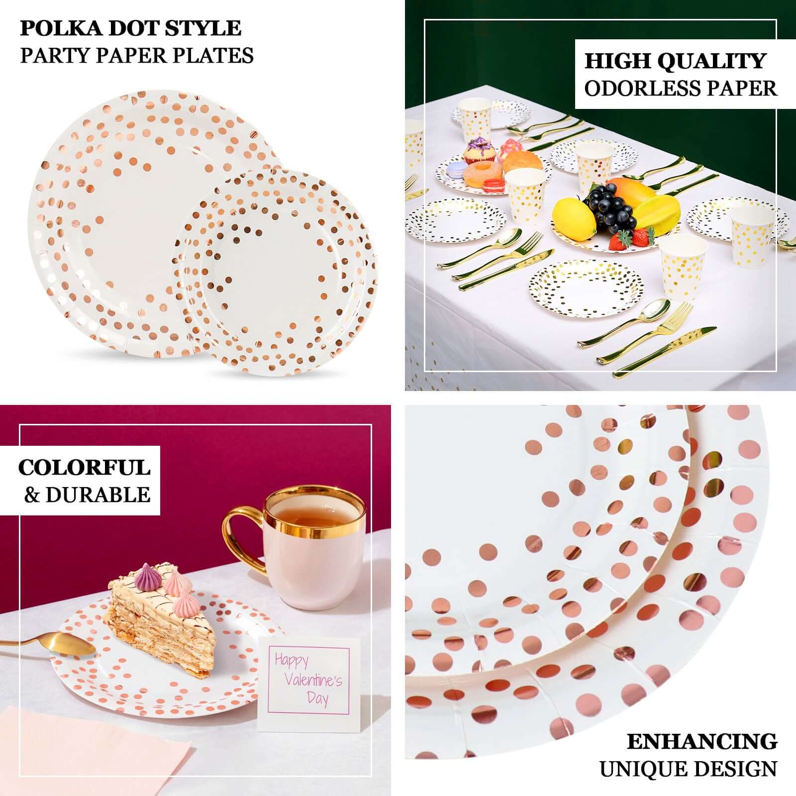 25-Pack Paper Round Dinner Plates 9" White with Metallic Rose Gold Polka Dots - 300GSM Disposable Party Plates for Cocktail Events & Receptions - Image 4
