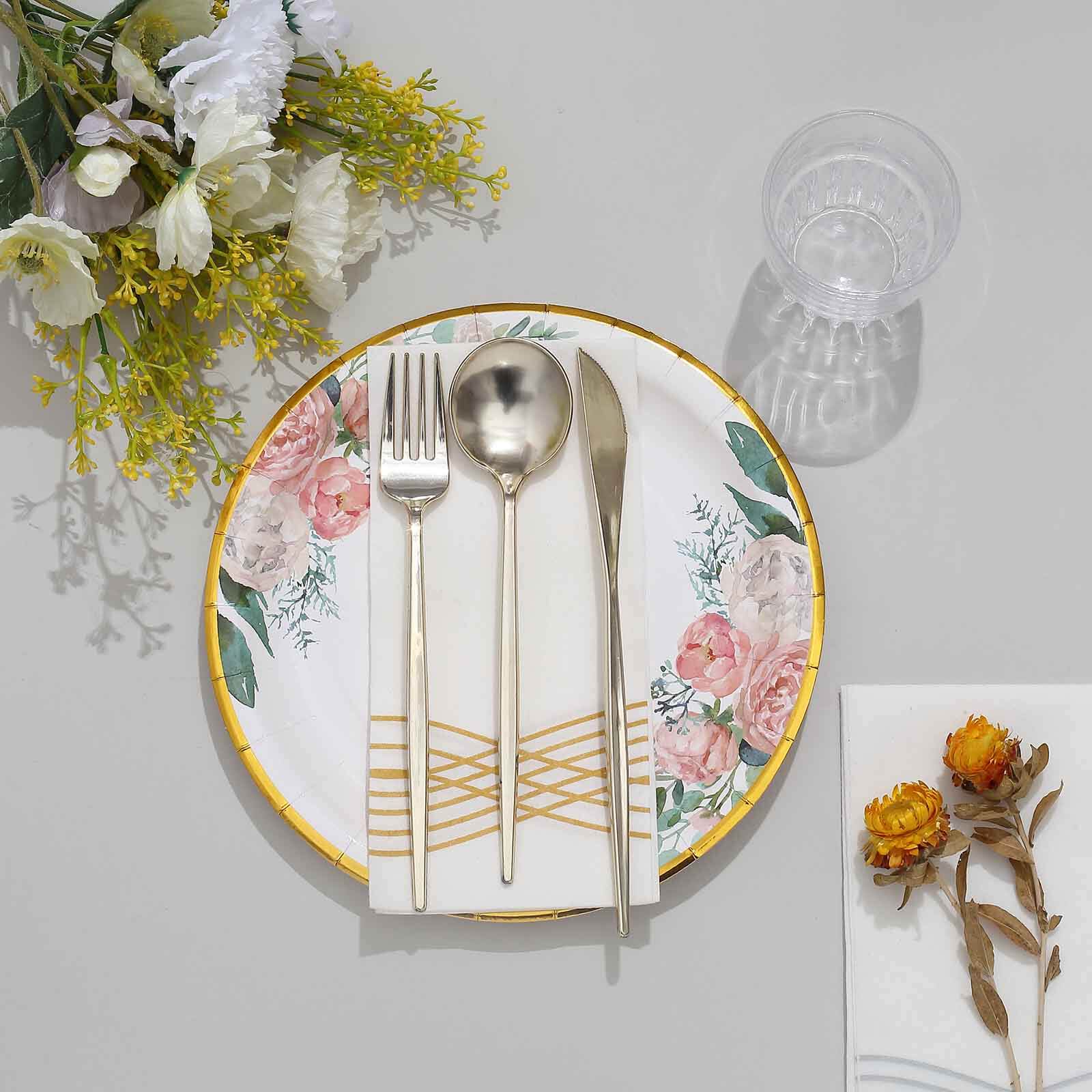 25-Pack Paper Round Dinner Plates 9" White with Peony Floral Design & Gold Rim - Disposable Round Lunch Party Plates for Garden Parties & Baby Showers - Image 10