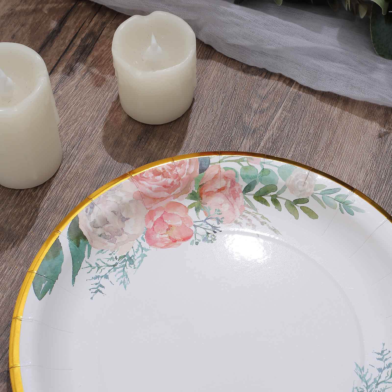 25-Pack Paper Round Dinner Plates 9" White with Peony Floral Design & Gold Rim - Disposable Round Lunch Party Plates for Garden Parties & Baby Showers - Image 12