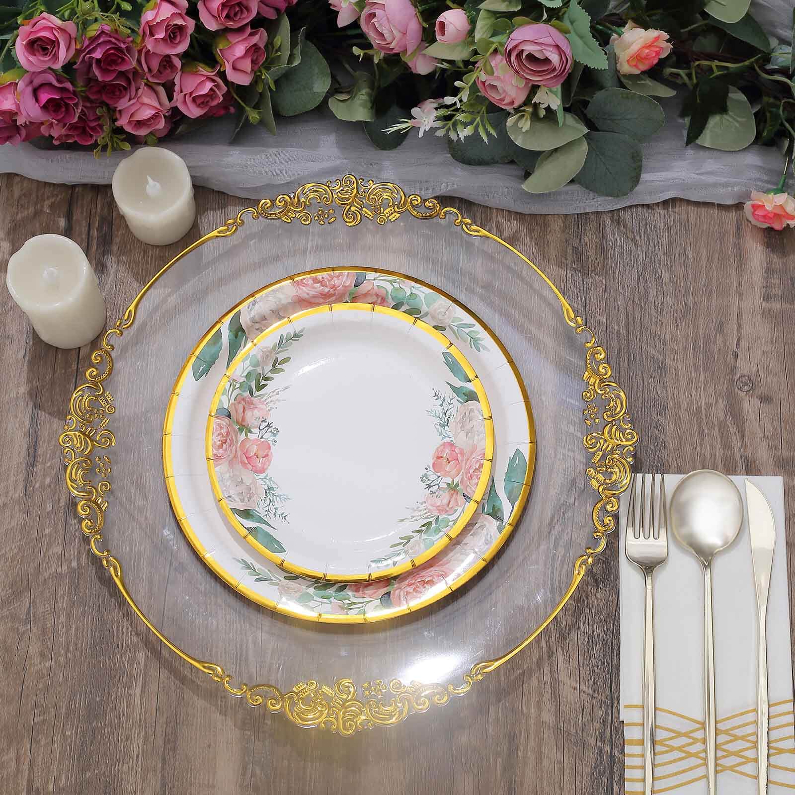 25-Pack Paper Round Dinner Plates 9" White with Peony Floral Design & Gold Rim - Disposable Round Lunch Party Plates for Garden Parties & Baby Showers - Image 2