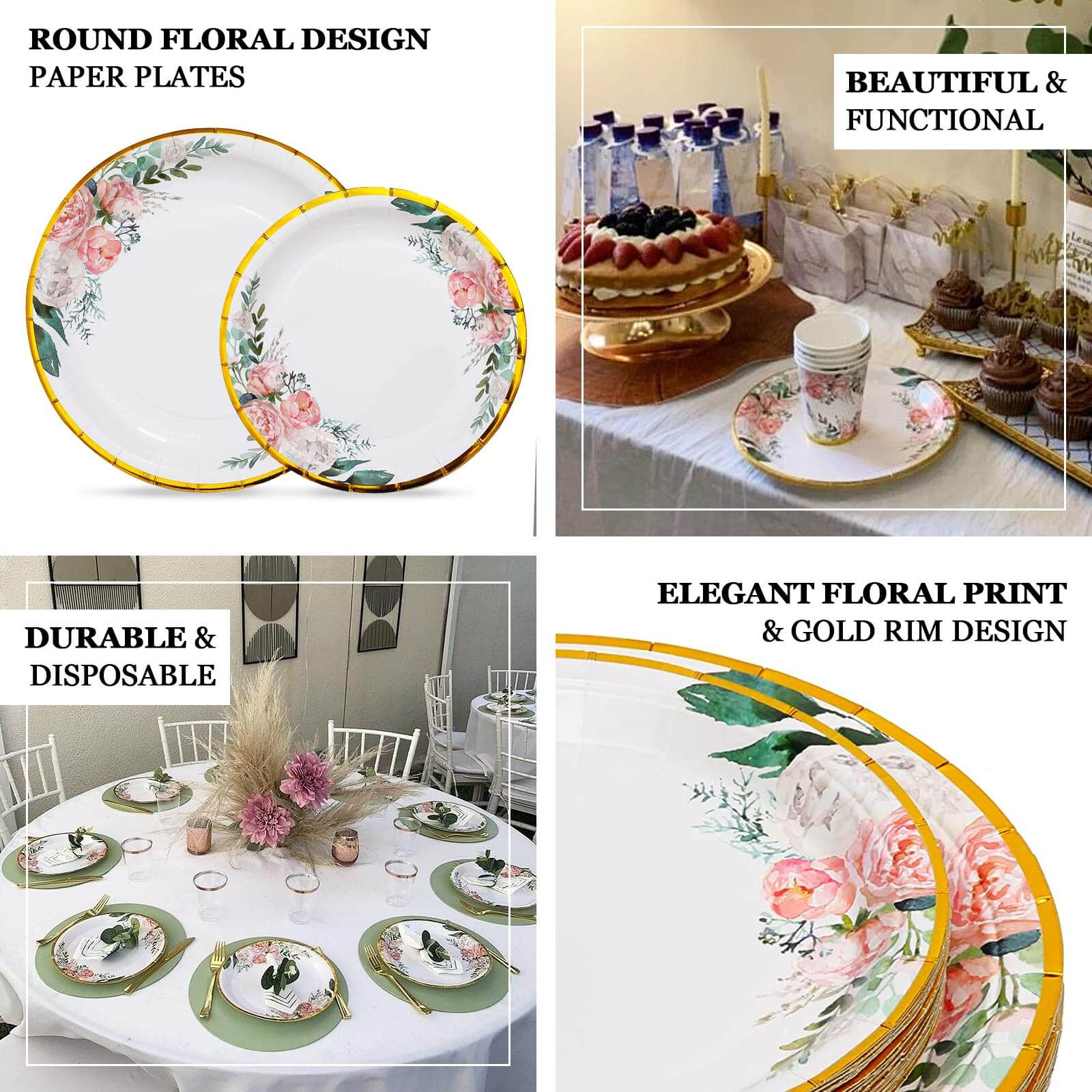 25-Pack Paper Round Dinner Plates 9" White with Peony Floral Design & Gold Rim - Disposable Round Lunch Party Plates for Garden Parties & Baby Showers - Image 4
