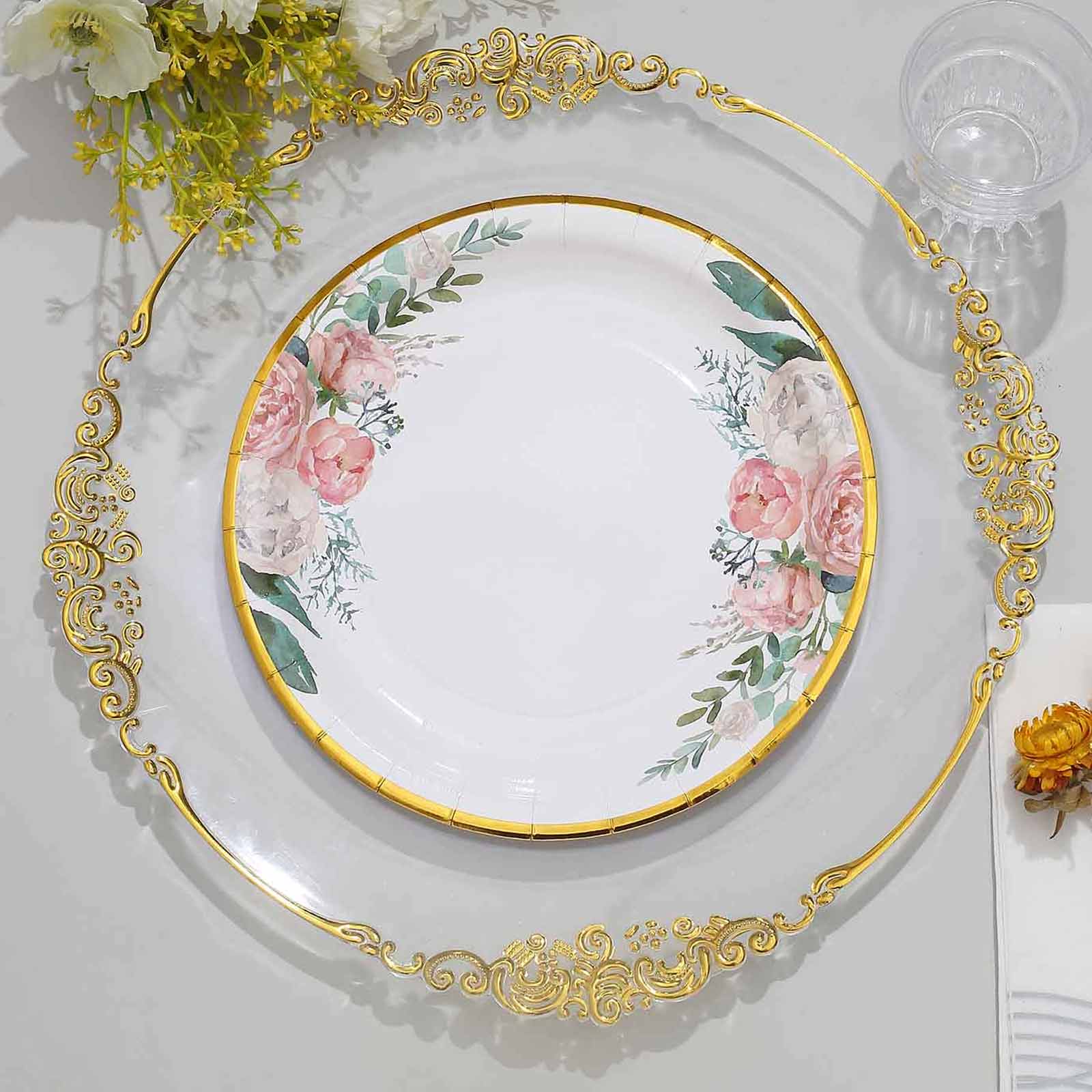 25-Pack Paper Round Dinner Plates 9" White with Peony Floral Design & Gold Rim - Disposable Round Lunch Party Plates for Garden Parties & Baby Showers - Image 6