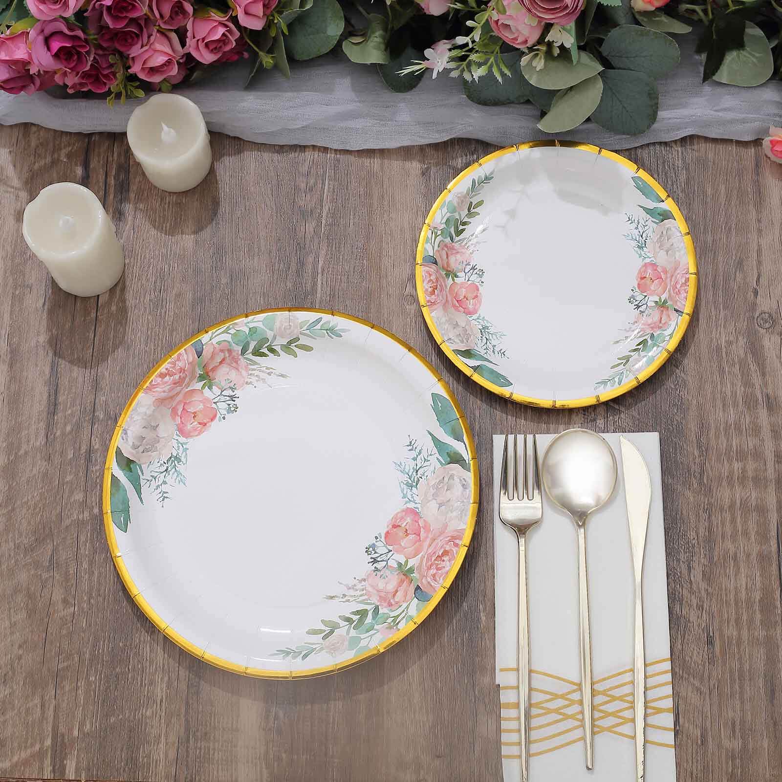 25-Pack Paper Round Dinner Plates 9" White with Peony Floral Design & Gold Rim - Disposable Round Lunch Party Plates for Garden Parties & Baby Showers - Image 8