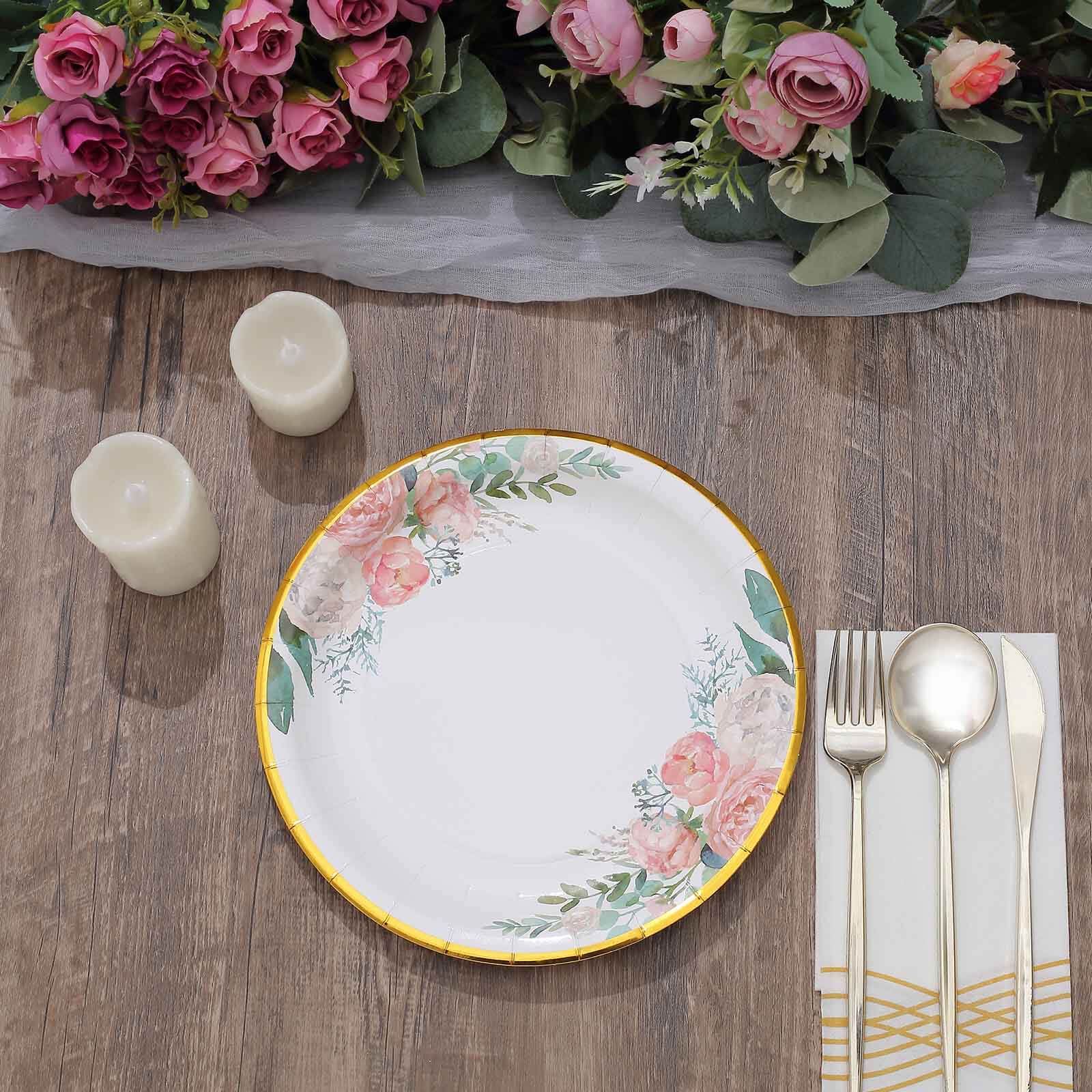 25-Pack Paper Round Dinner Plates 9" White with Peony Floral Design & Gold Rim - Disposable Round Lunch Party Plates for Garden Parties & Baby Showers - Image 9