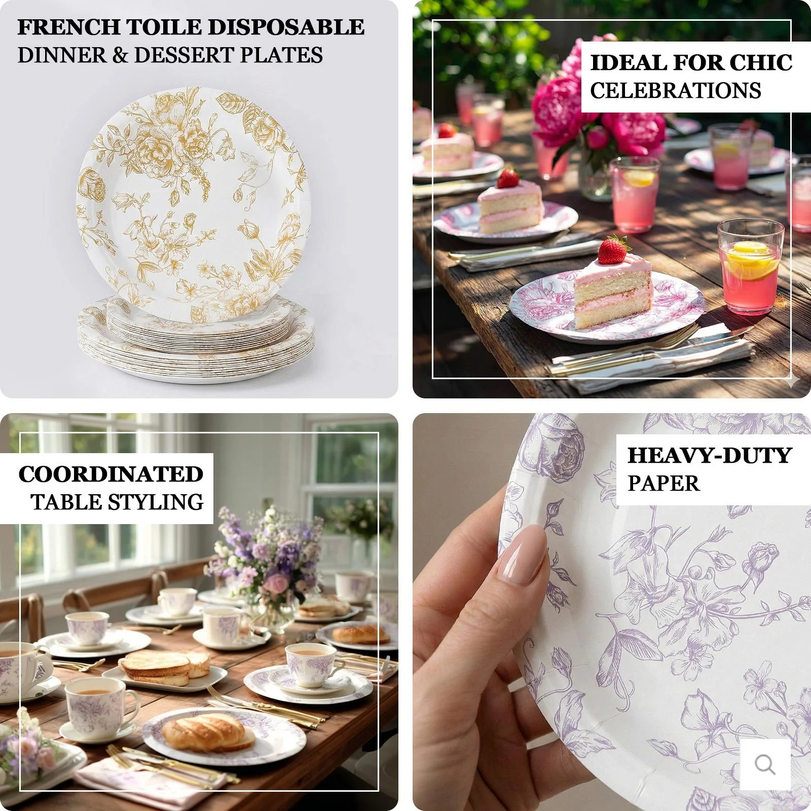25-Pack Paper Round Dinner Plates 9" White with Pink French Toile Pattern - Disposable Floral Party Plates for Chic Events - Image 3