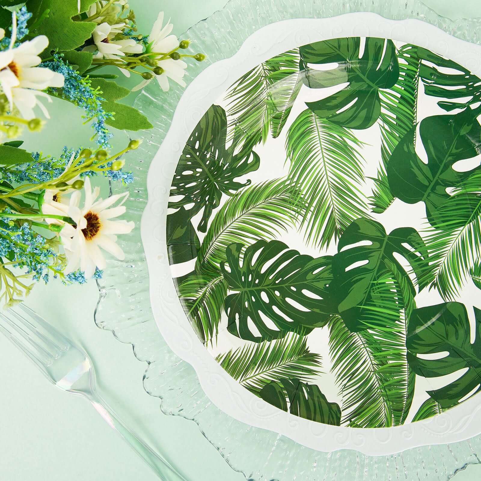 25-Pack Paper Round Dinner Plates 9" White with Tropical Palm Leaf Design - 300GSM Disposable Party Plates for Boho Chic & Jungle Themed Events - Image 10