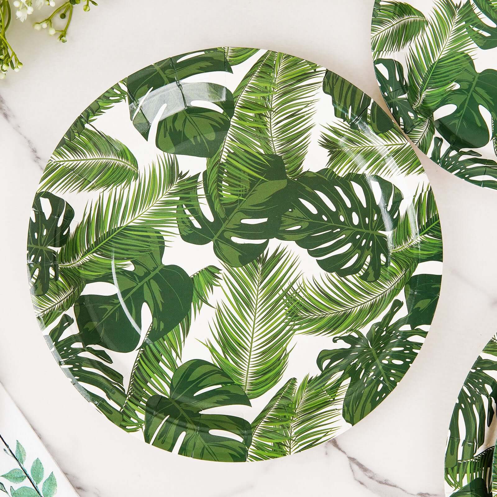 25-Pack Paper Round Dinner Plates 9" White with Tropical Palm Leaf Design - 300GSM Disposable Party Plates for Boho Chic & Jungle Themed Events - Image 11