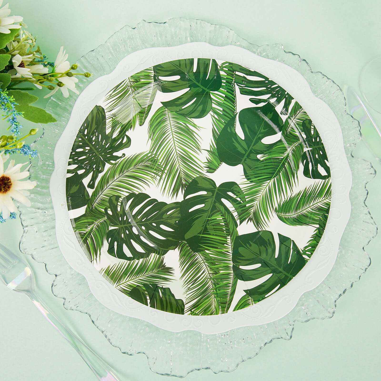 25-Pack Paper Round Dinner Plates 9" White with Tropical Palm Leaf Design - 300GSM Disposable Party Plates for Boho Chic & Jungle Themed Events - Image 12